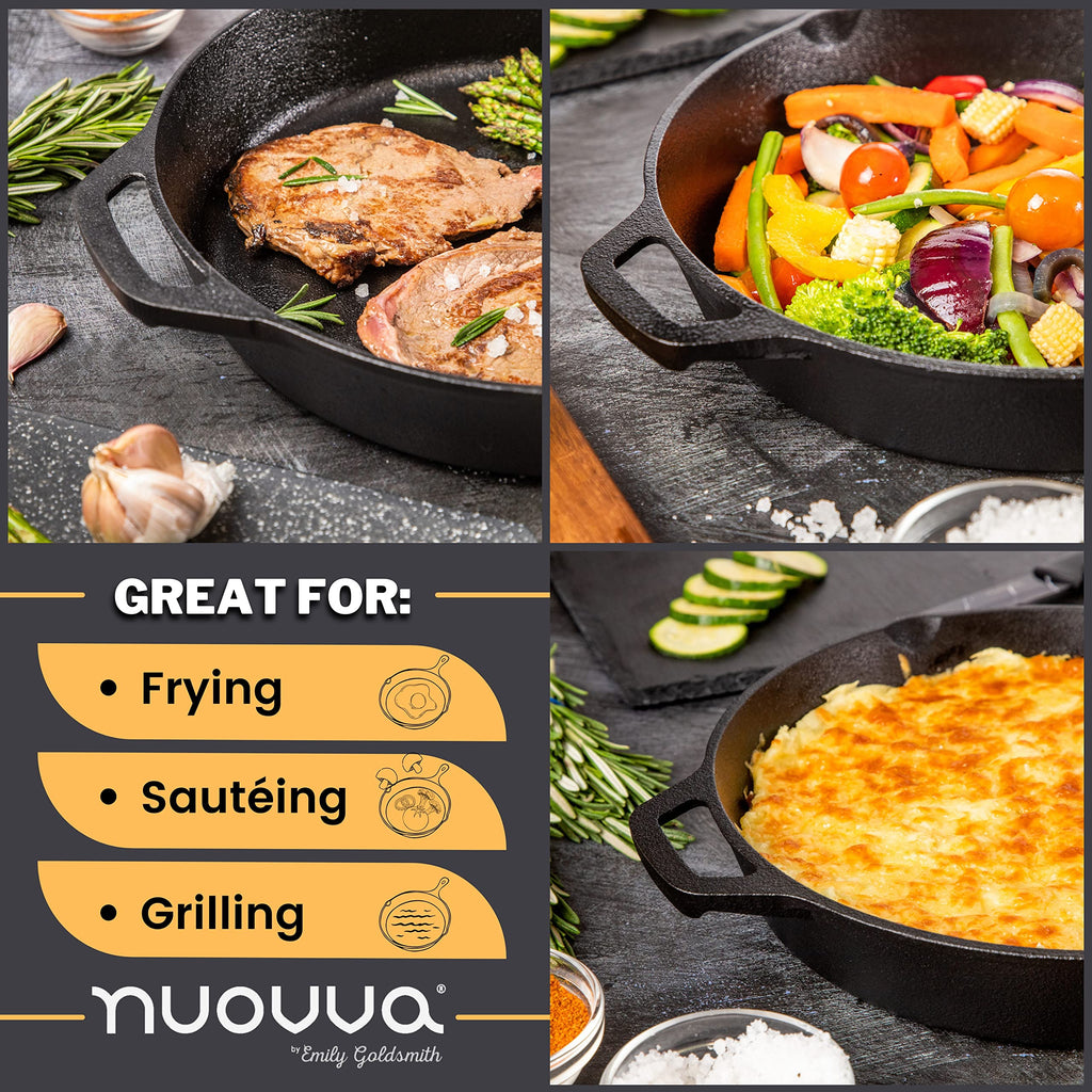 Nuovva 2-Piece Cast Iron Skillet Set | Pre-Seasoned 10 & 12 Inch Pans