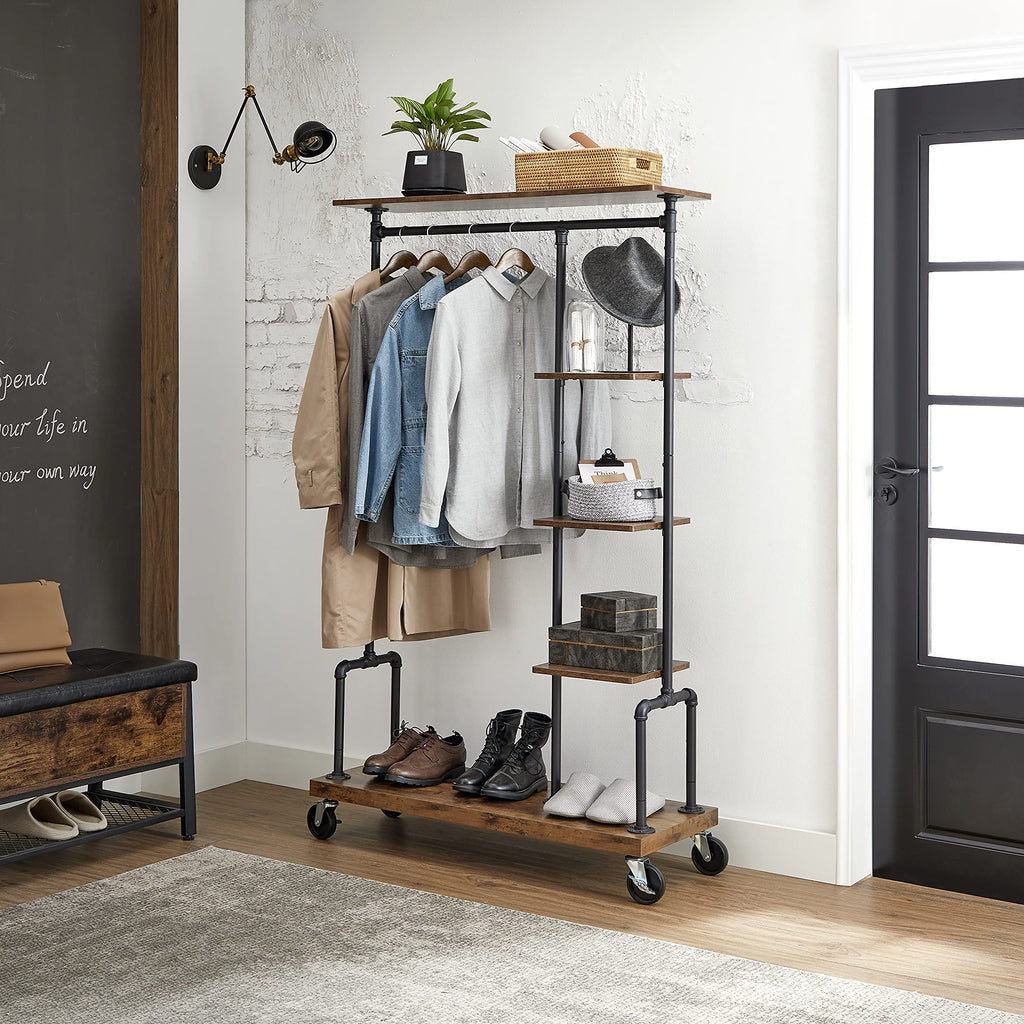 VASAGLE 5-Tier Rolling Garment Rack | Industrial Metal & Wood Clothes Rack