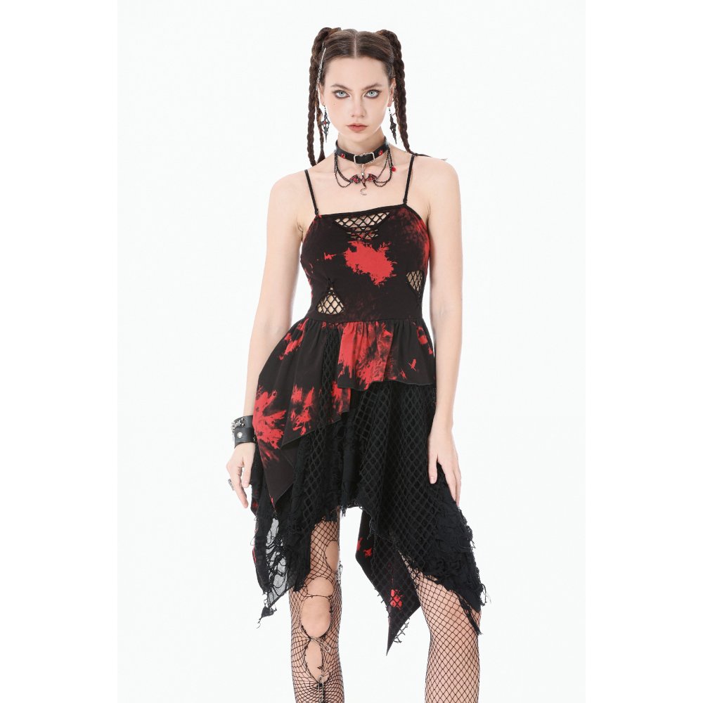 Dark in Love Red & Black Tie Dye Punk Dress | Asymmetric Mesh Goth Style
