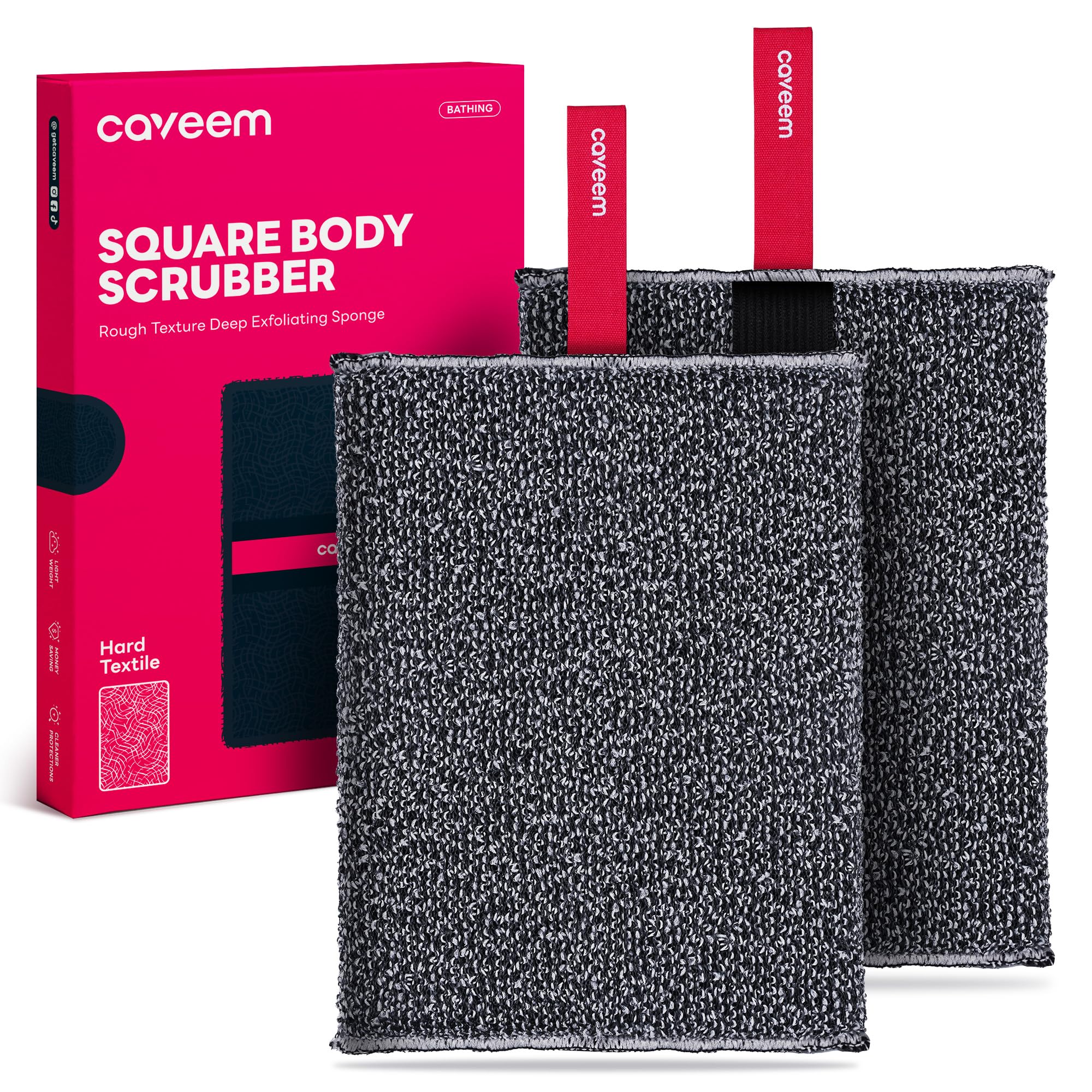 CAVEEM Exfoliating Body Scrubber – Rough Mesh Shower Sponge, 2 Pack