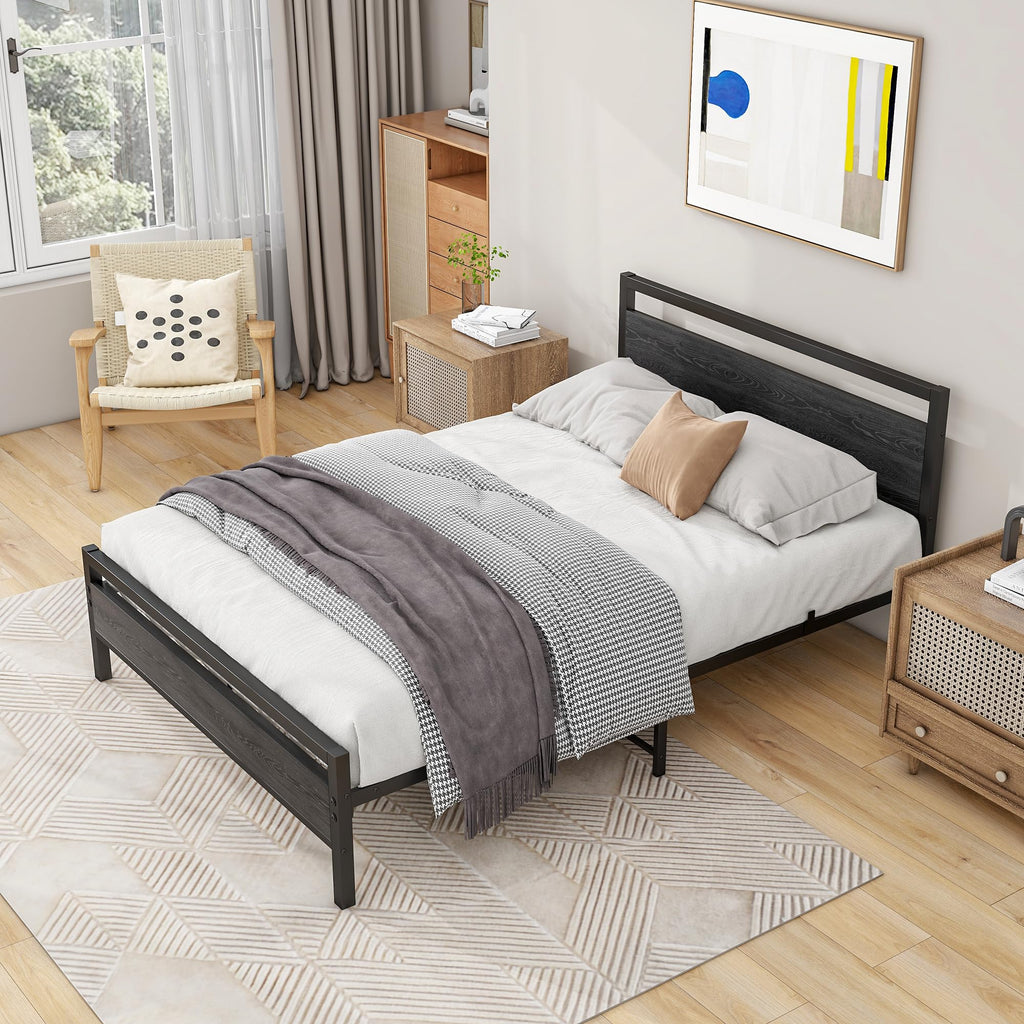 BOFENG 4ft6 Double Bed Frame | Heavy Duty Metal Platform with Wood Headboard