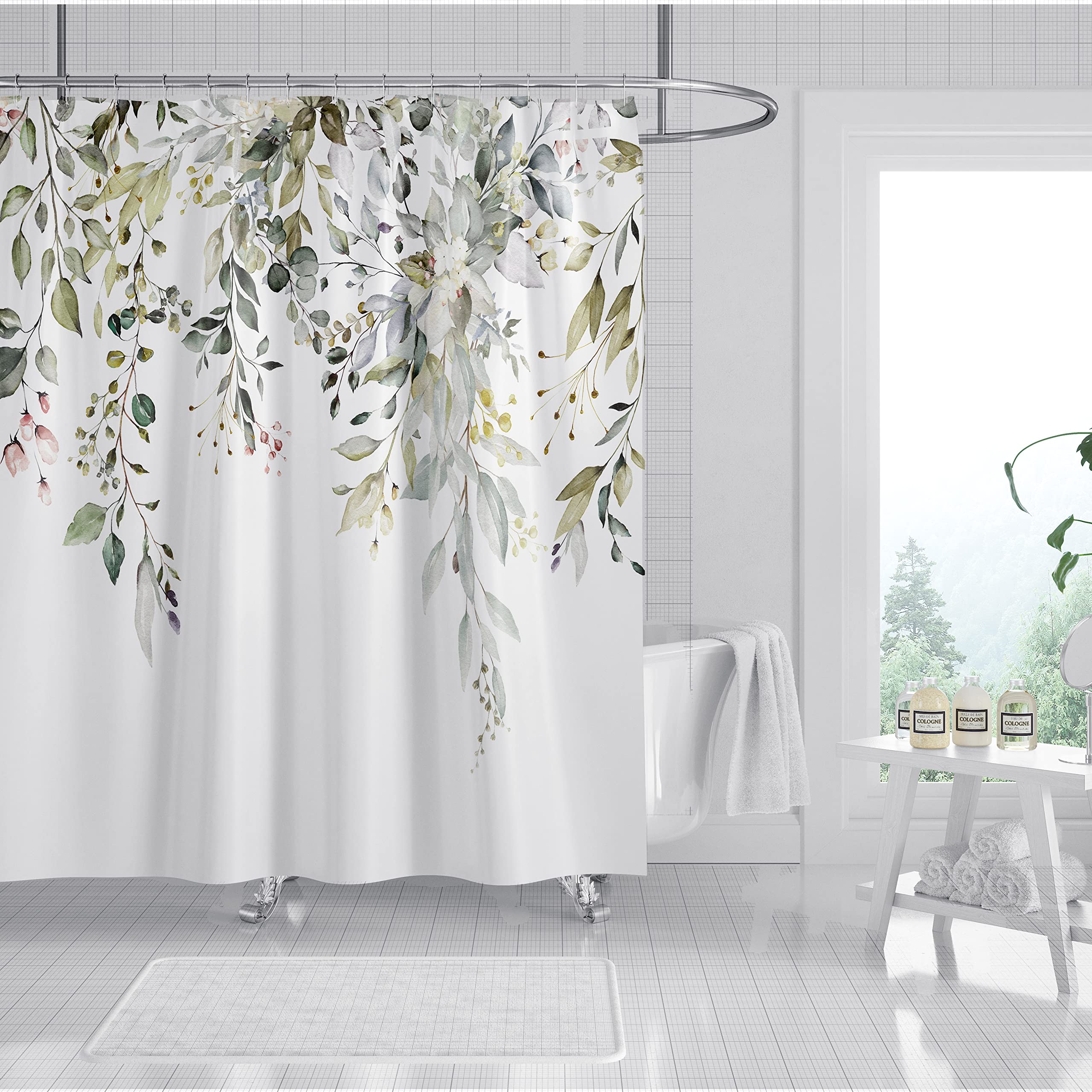 Jolof Store Green Leaf Shower Curtain | Waterproof Polyester with 12 Hooks