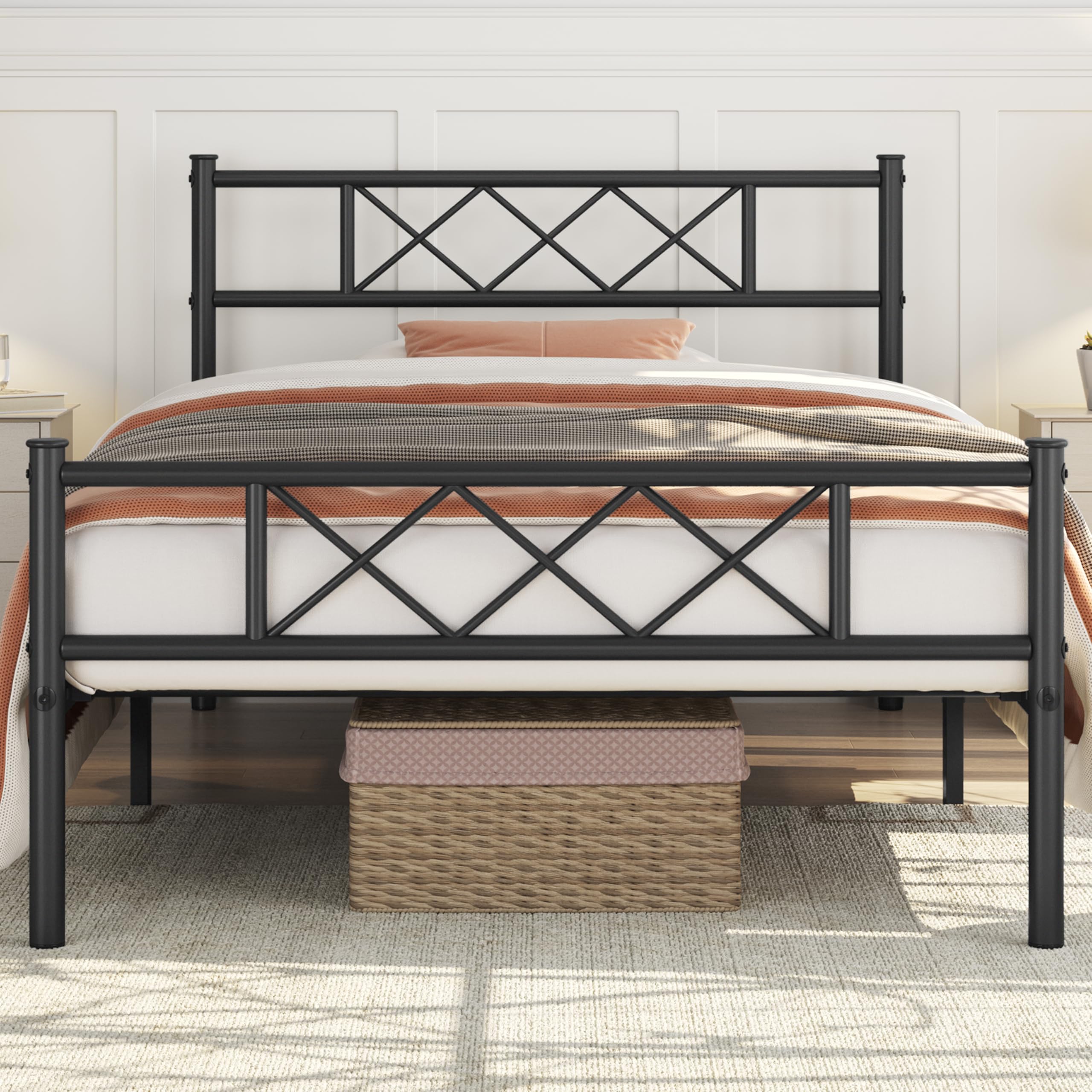 Yaheetech 3ft Single Metal Bed Frame | Cross-Design Slatted Base | Black