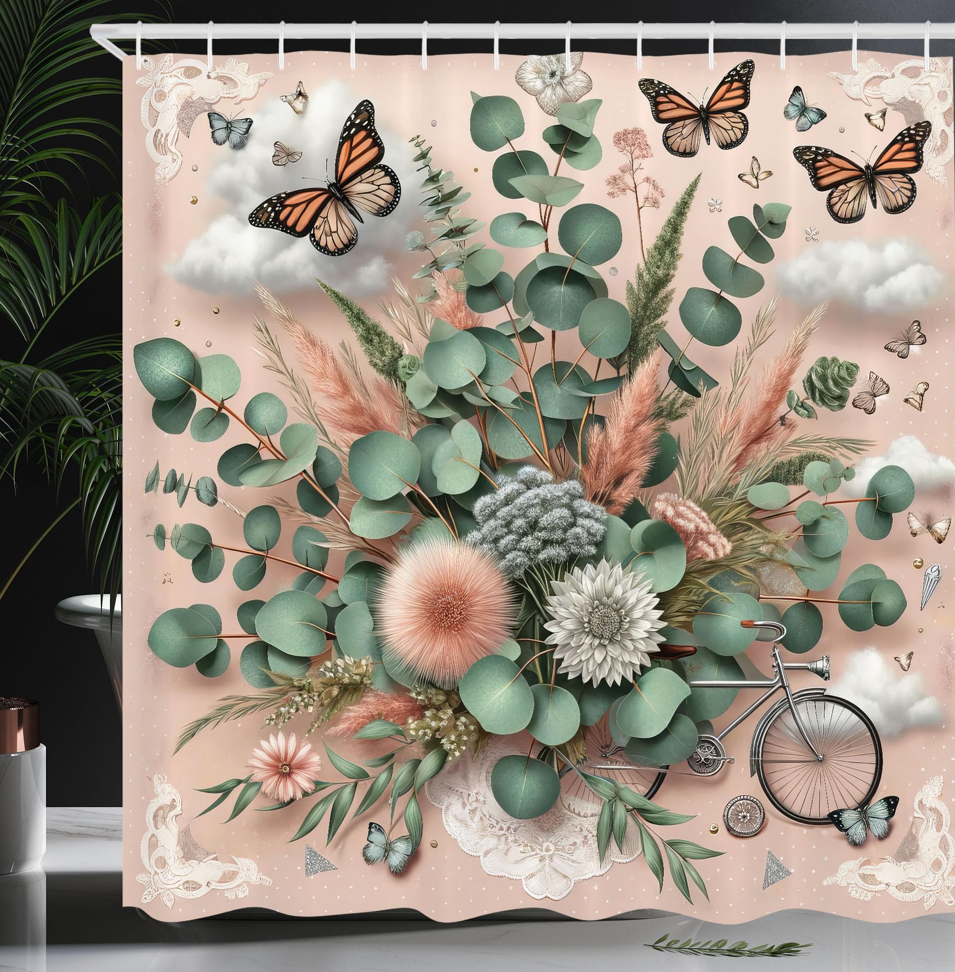 Abakuhaus Floral Eucalyptus Shower Curtain | Boho Waterproof Fabric, 175x200cm