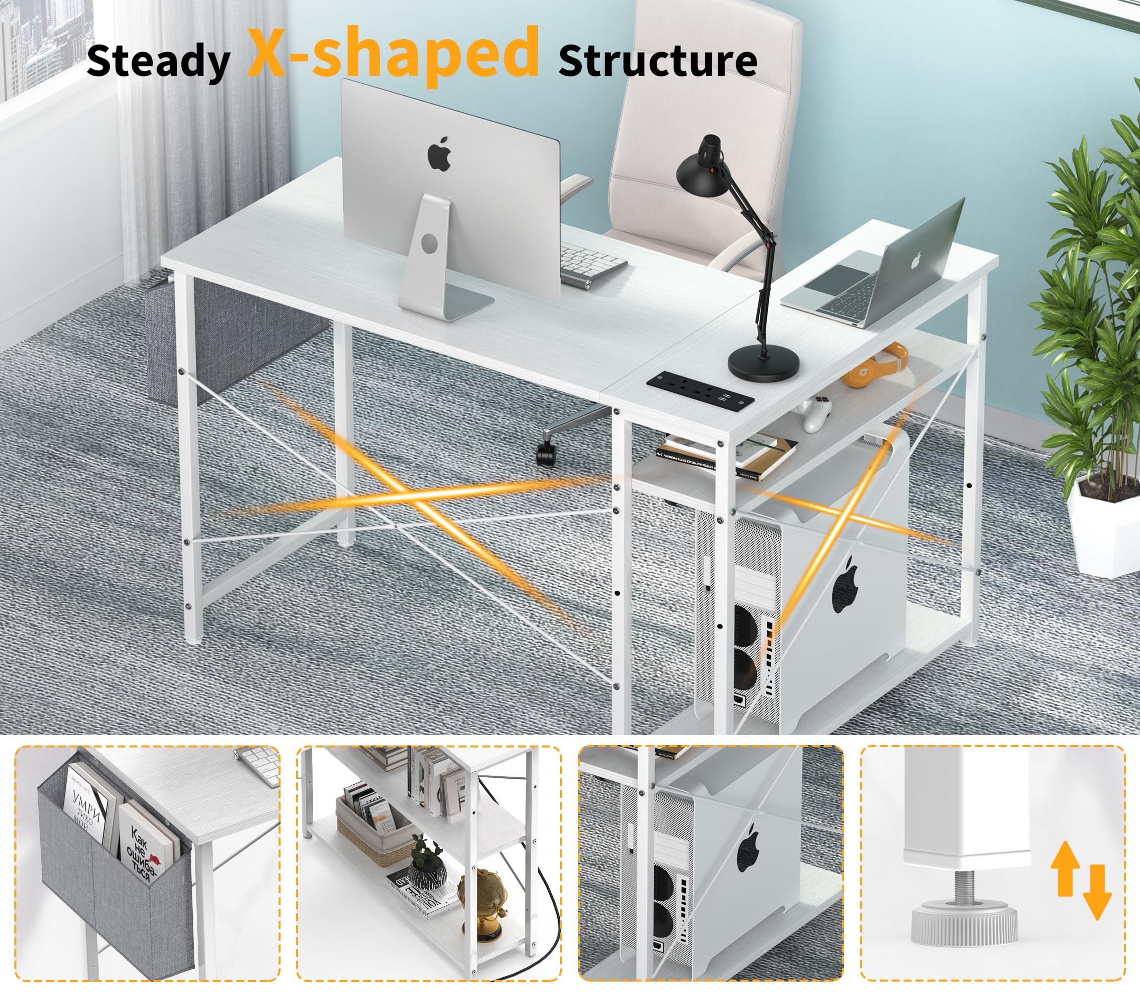 Yornoli L-Shaped Computer Desk with Power Outlet & Storage - Snow White