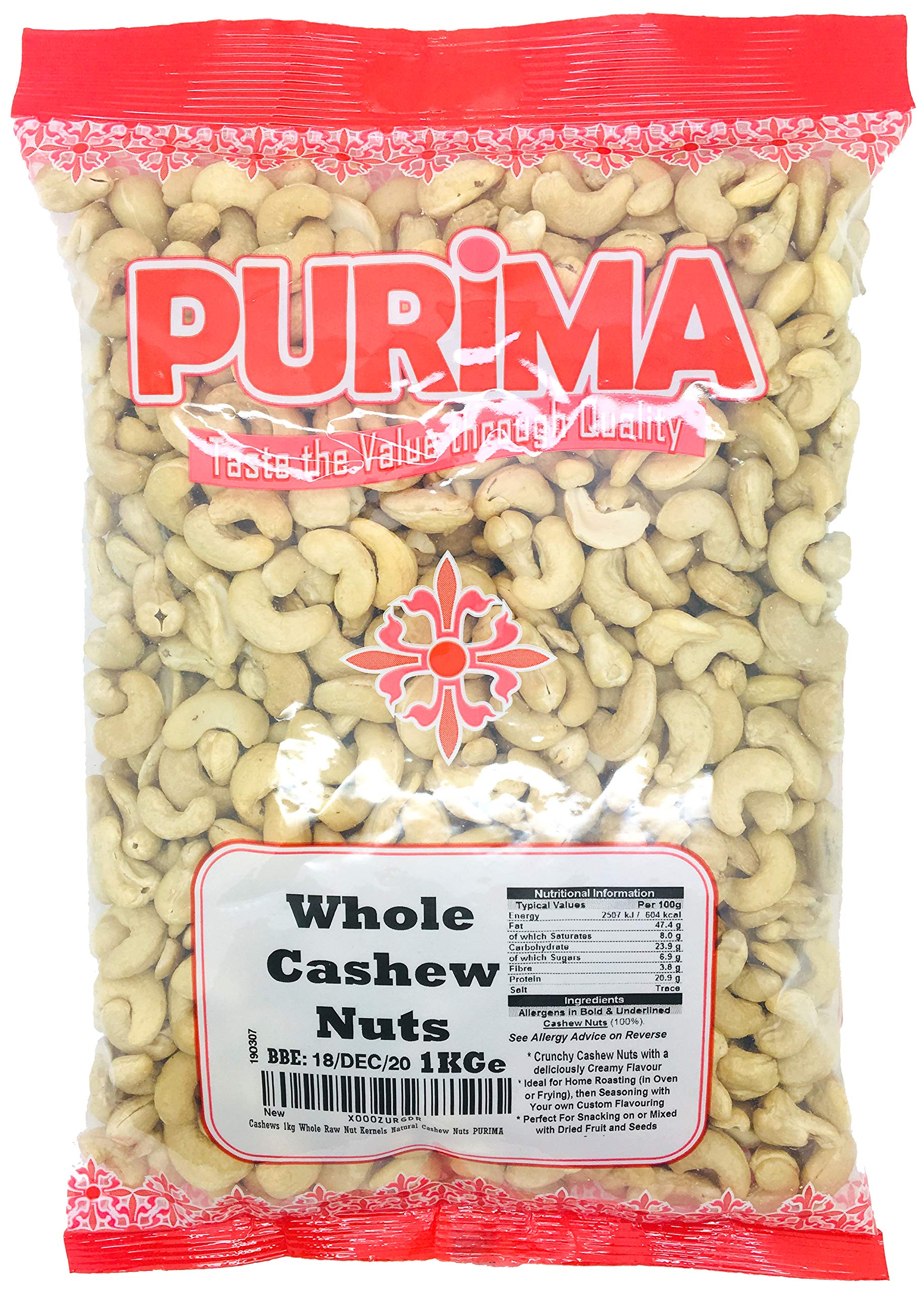 Purima Raw Whole Cashew Nuts – 1kg Bulk Bag – High Protein & Vegan