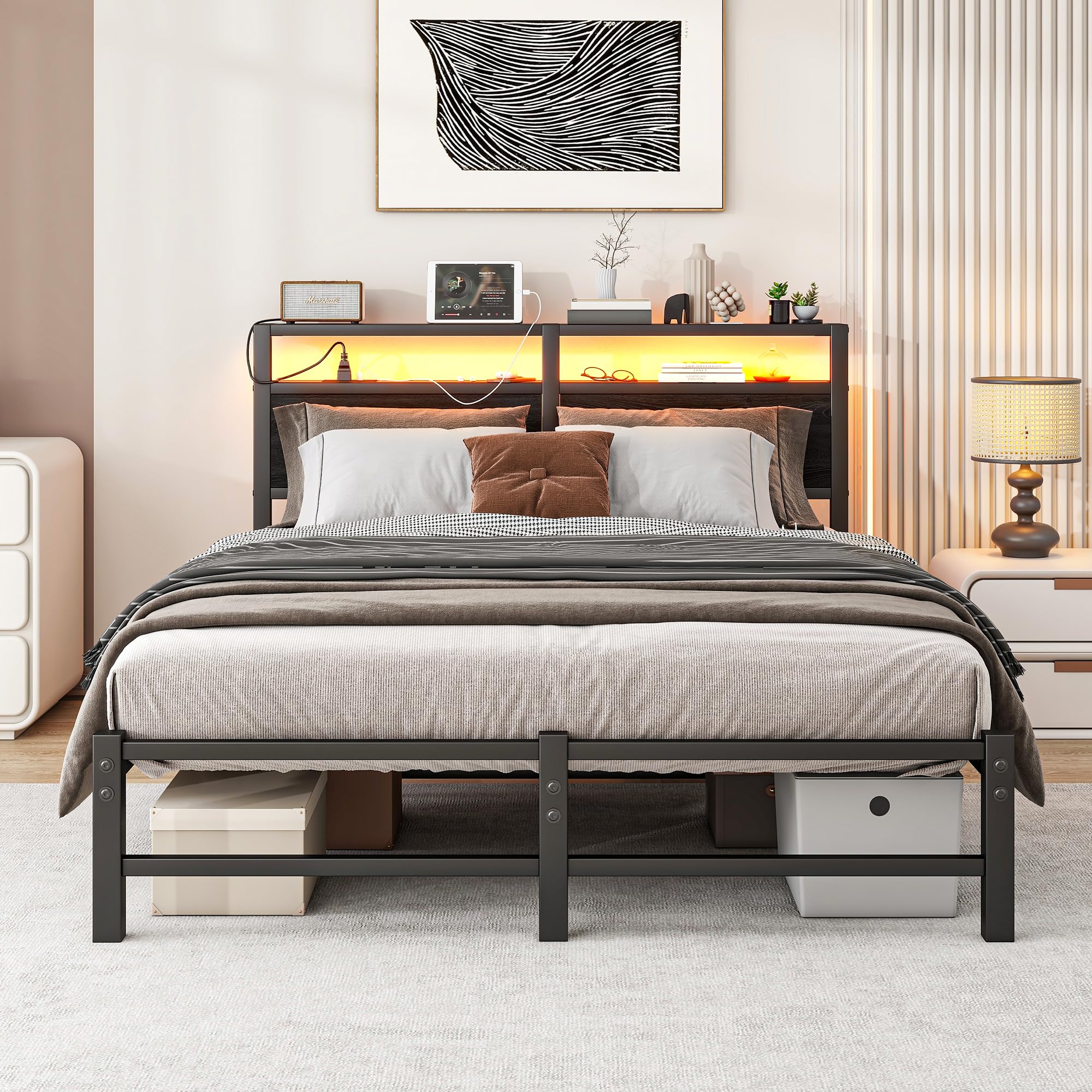VERFARM Double Bed Frame with LED Headboard, Charging Station & Storage