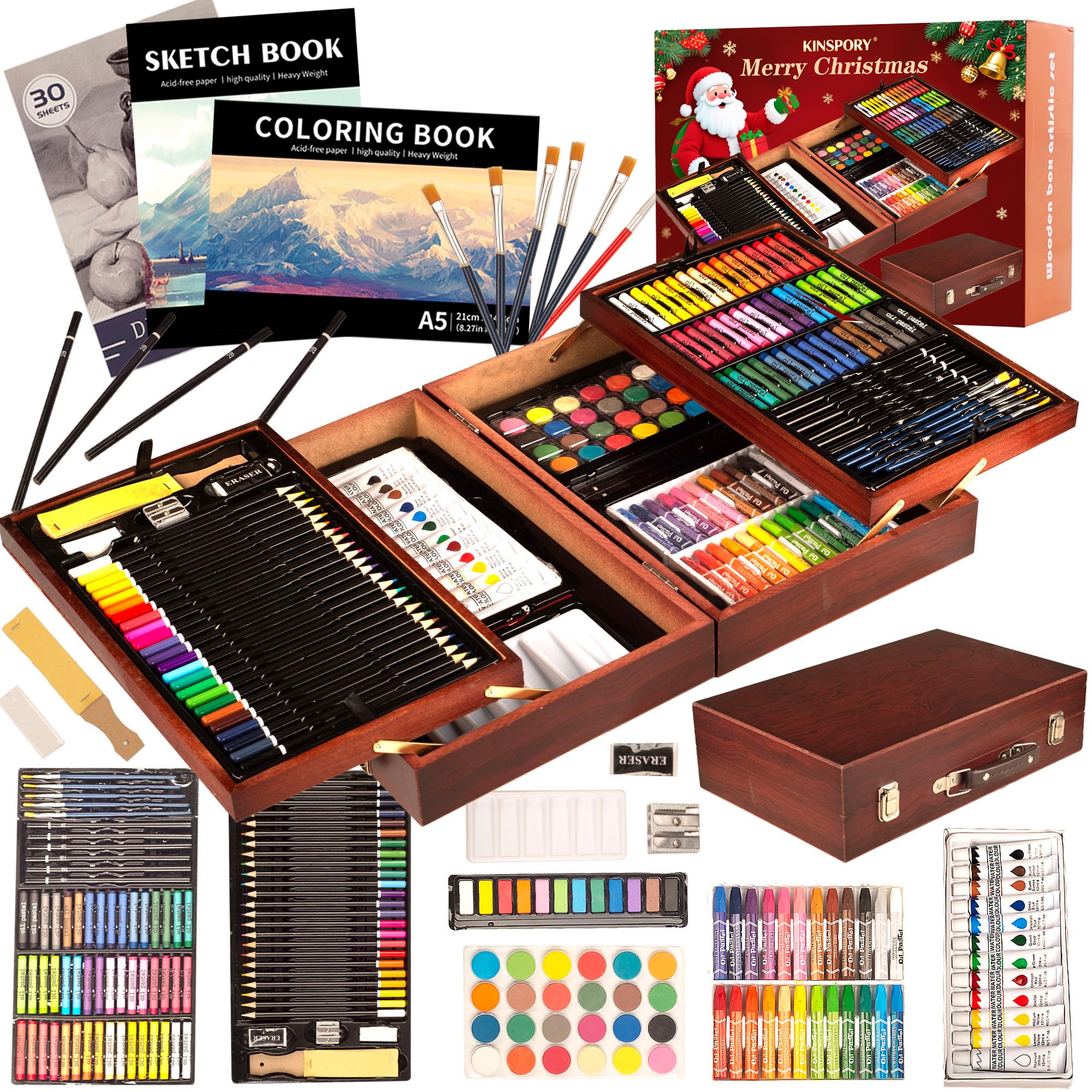 KINSPORY 168 PCS Art Set for Kids | Deluxe Wooden Case Drawing Kit