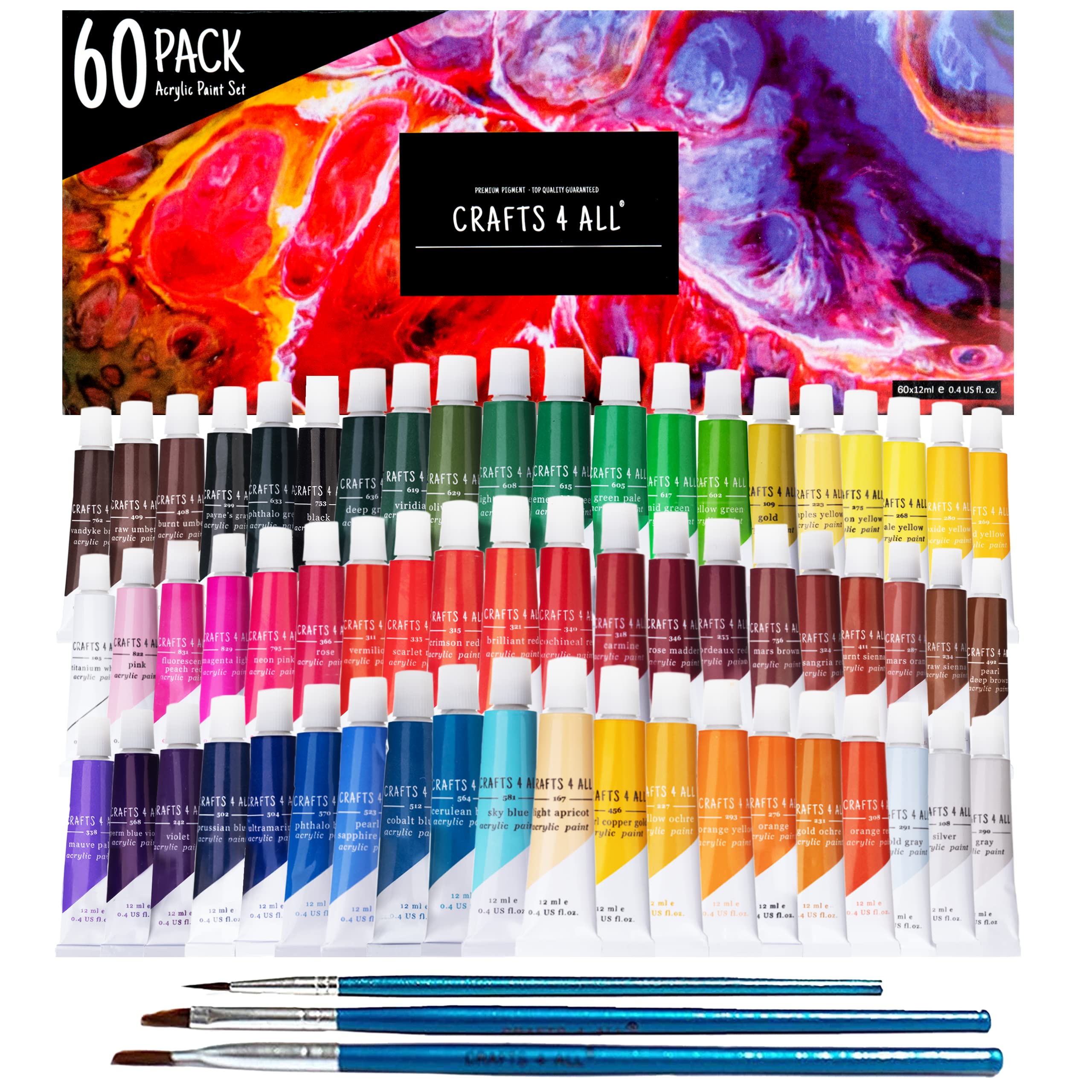Crafts 4 ALL Acrylic Paint Set – 60 Vibrant Colors for Canvas & Wood