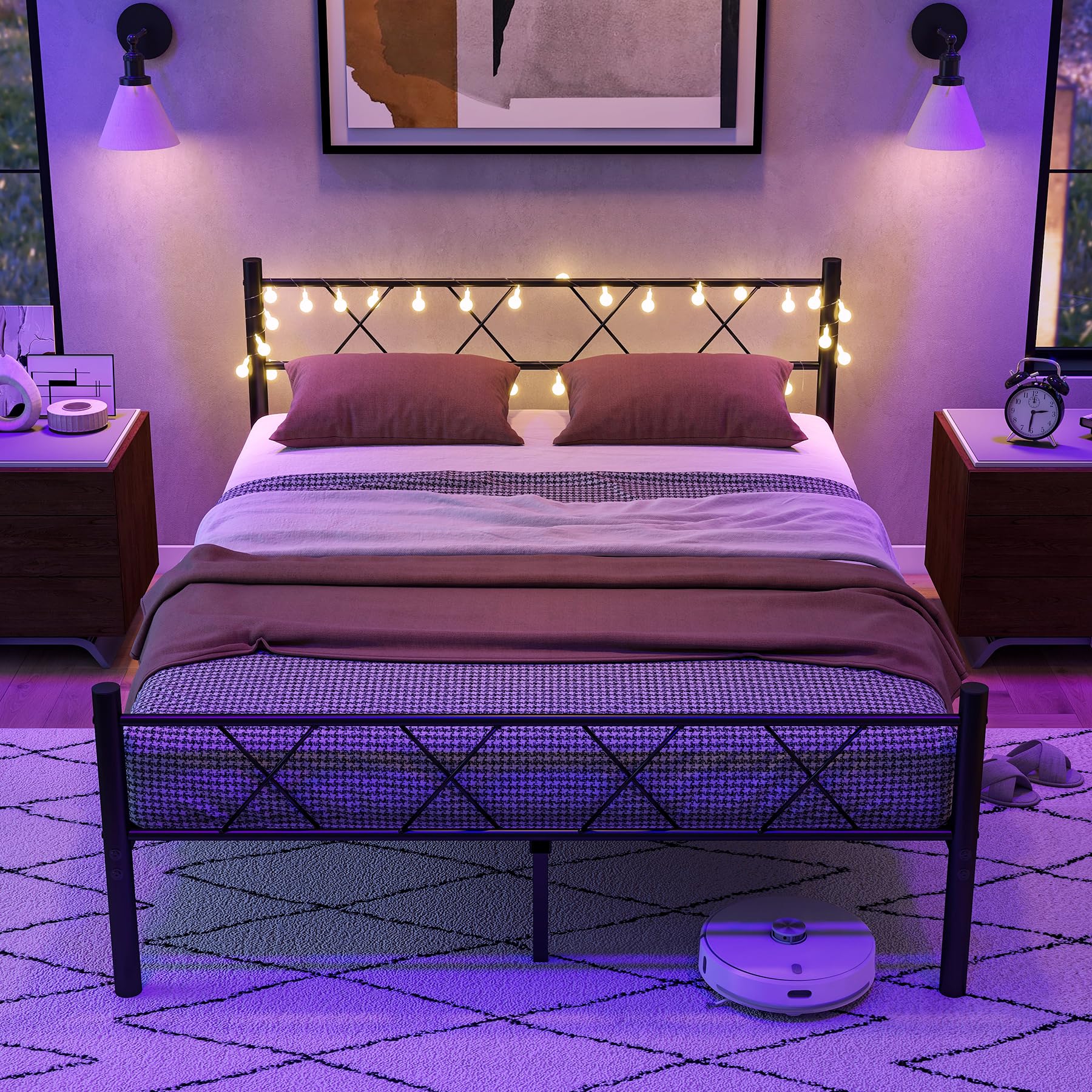 HOJINLINERO King Size Metal Bed Frame with LED Lights & Underbed Storage