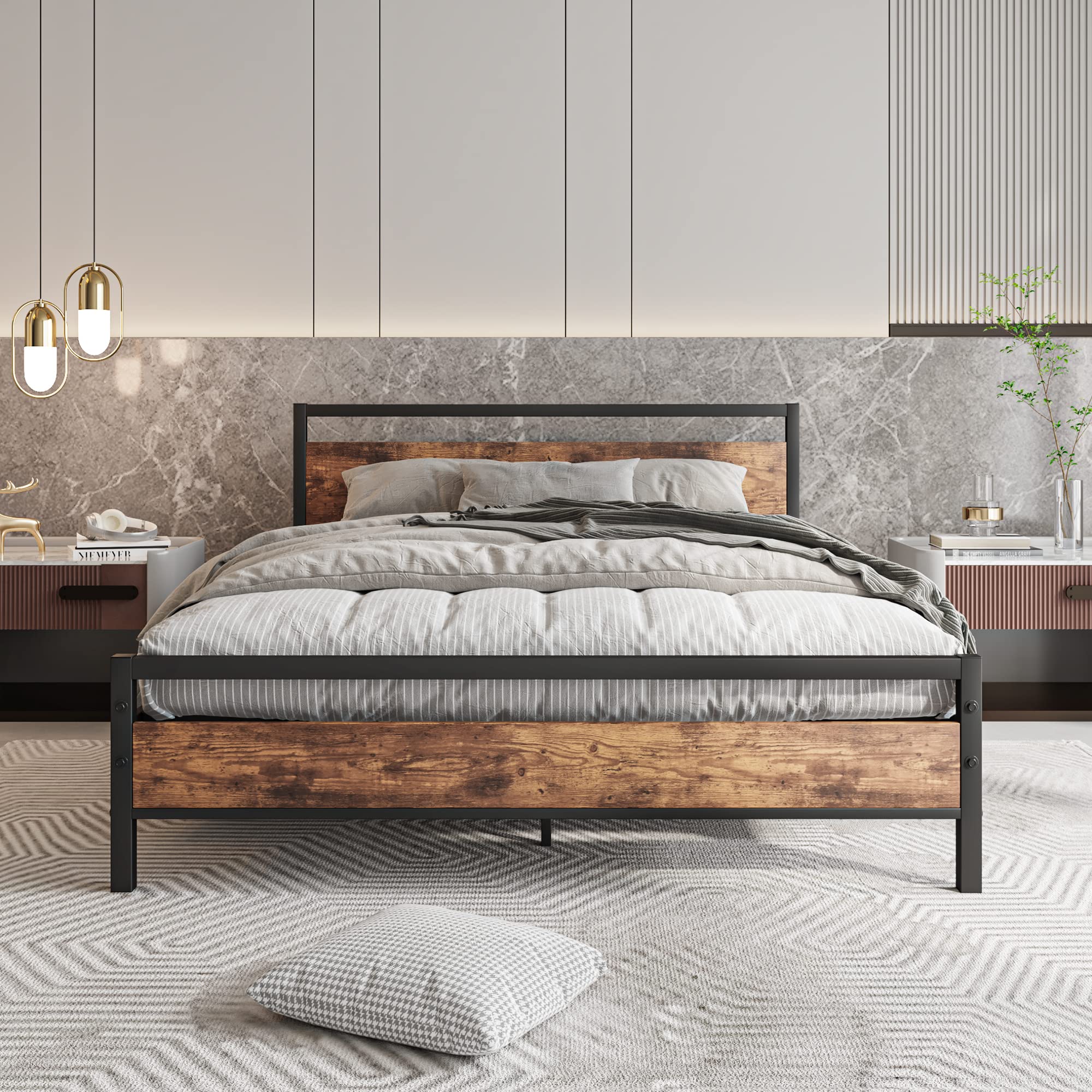 HOJINLINERO King Size Metal Bed Frame with Industrial Wooden Headboard