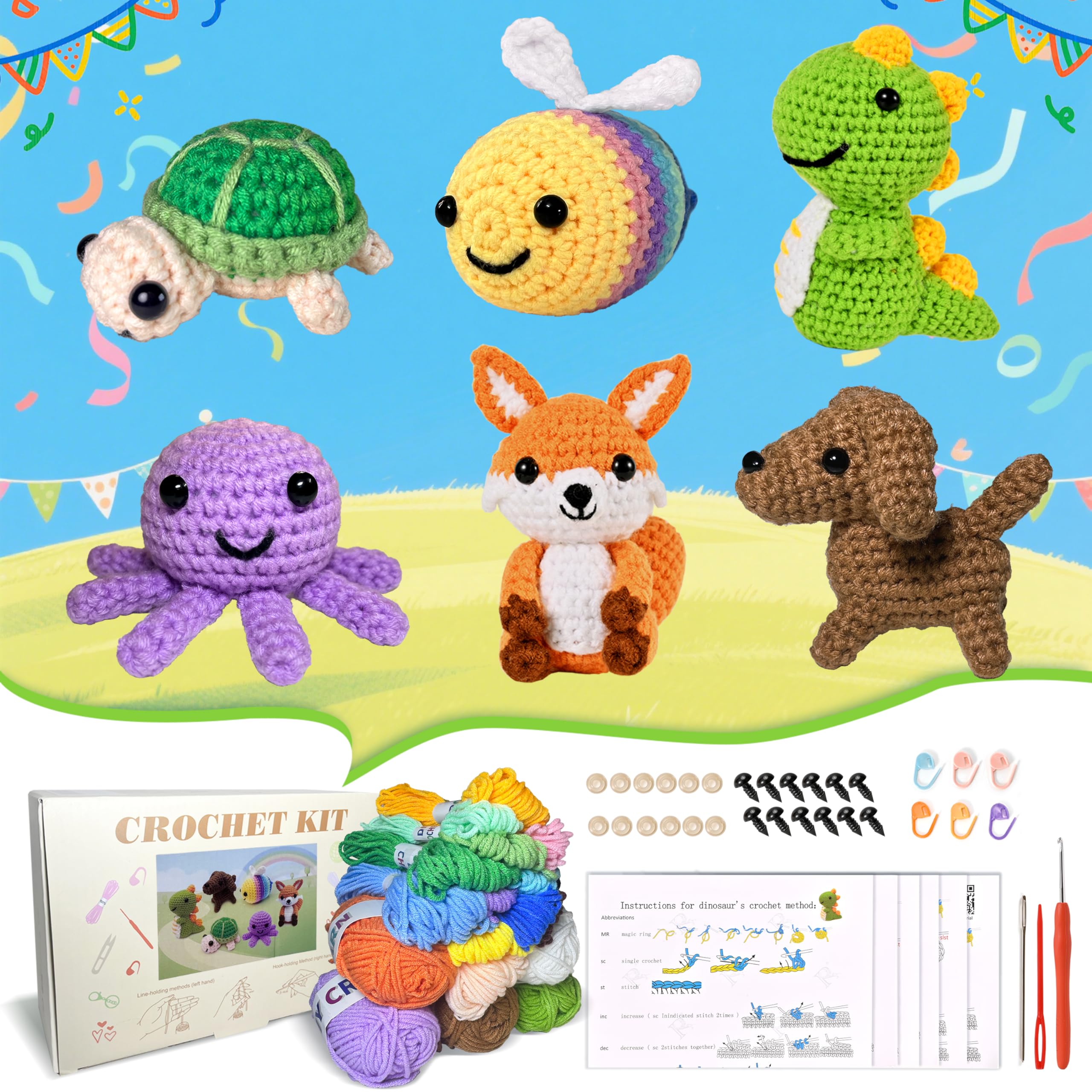Alutaba 6-Piece Crochet Animal Kit for Beginners with Video Tutorials