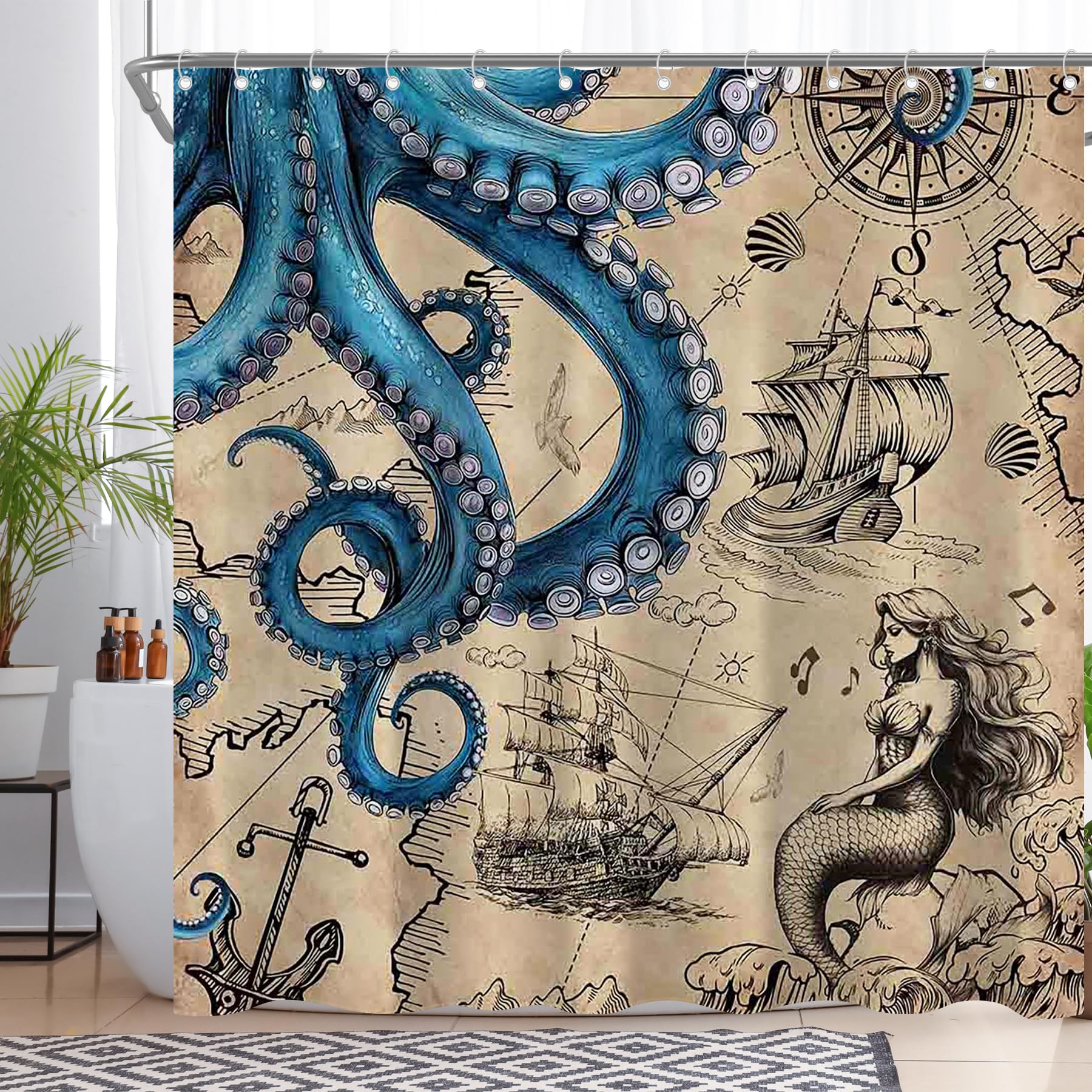 Luminora Nautical Octopus Shower Curtain – Brown Waterproof Polyester