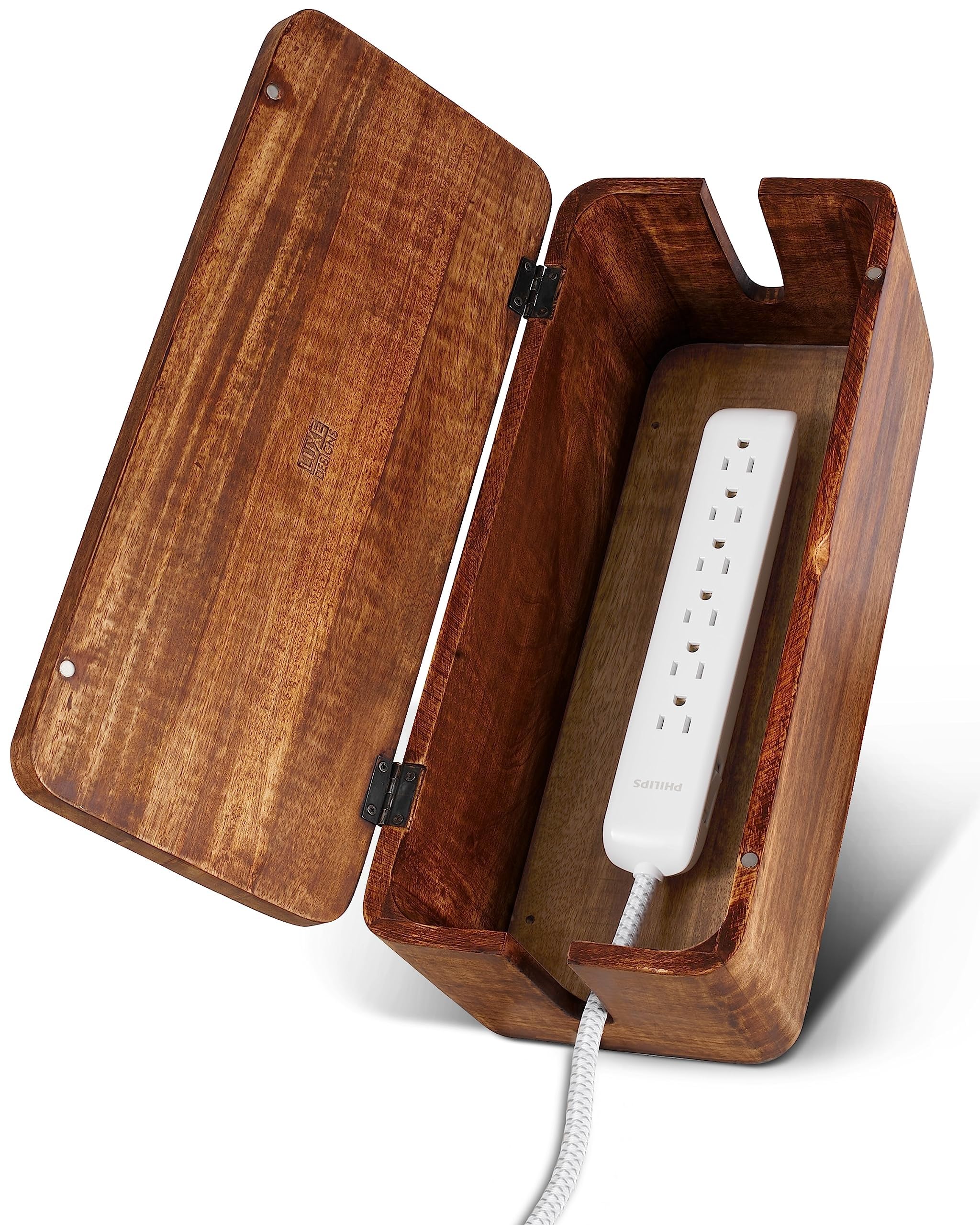 Luxe Designs Mango Wood Cable Management Box – Large Cord Organizer