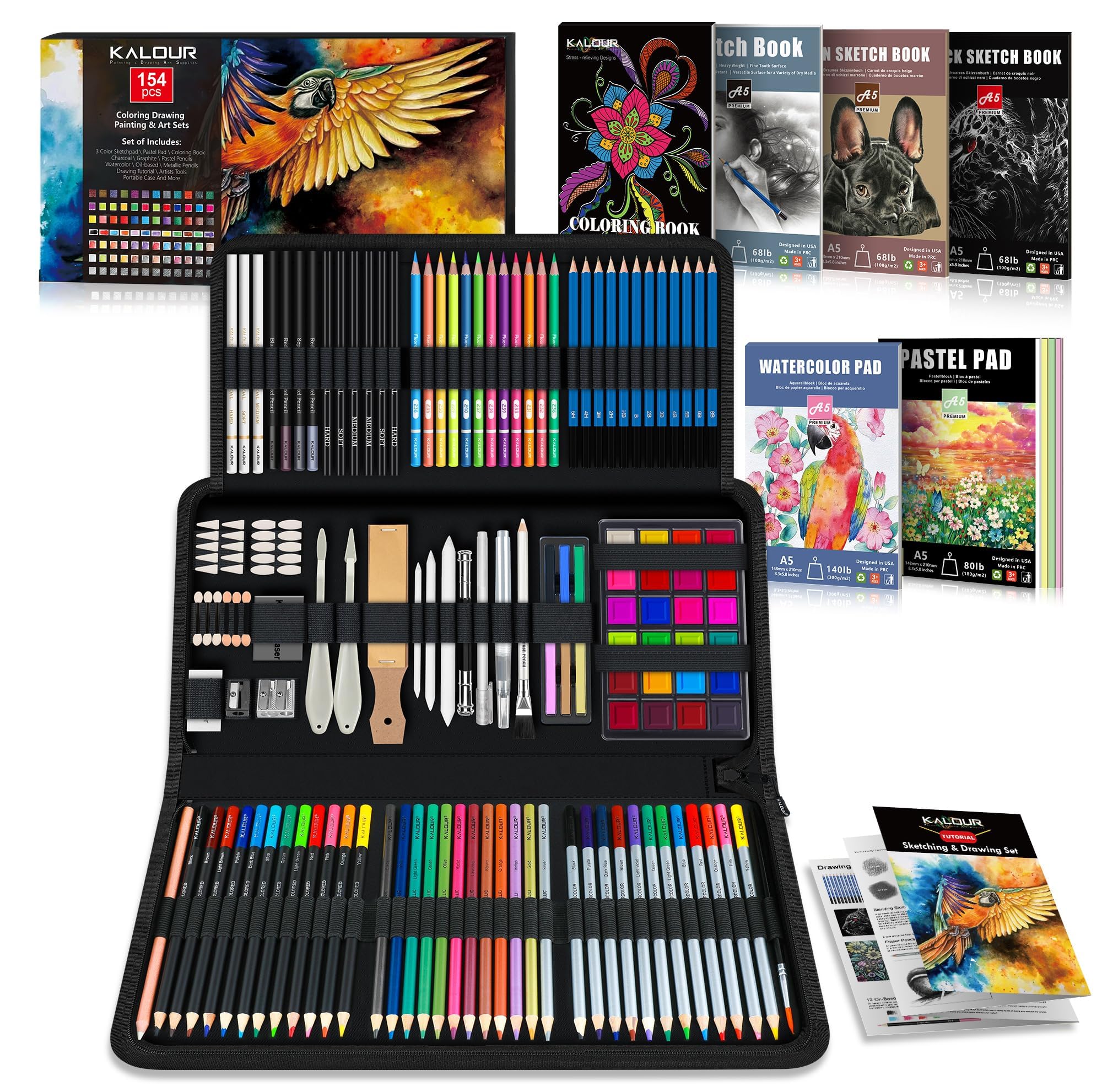KALOUR 154-Piece Drawing Kit – Professional Art Supplies with Sketchbook