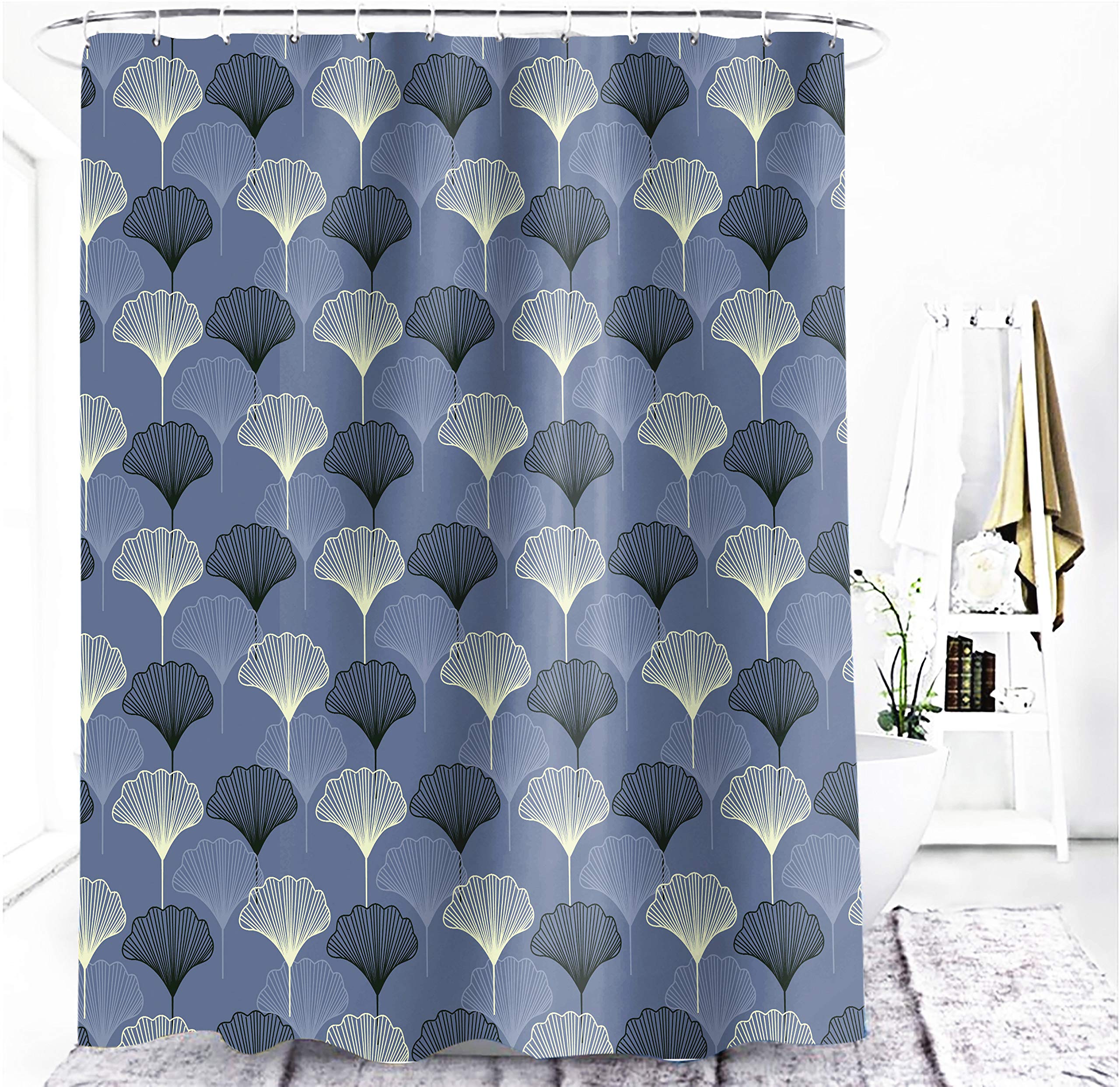 M&W DasDesign Shower Curtain – Anti-Mould Waterproof Grey Blue Ginkgo Leaf