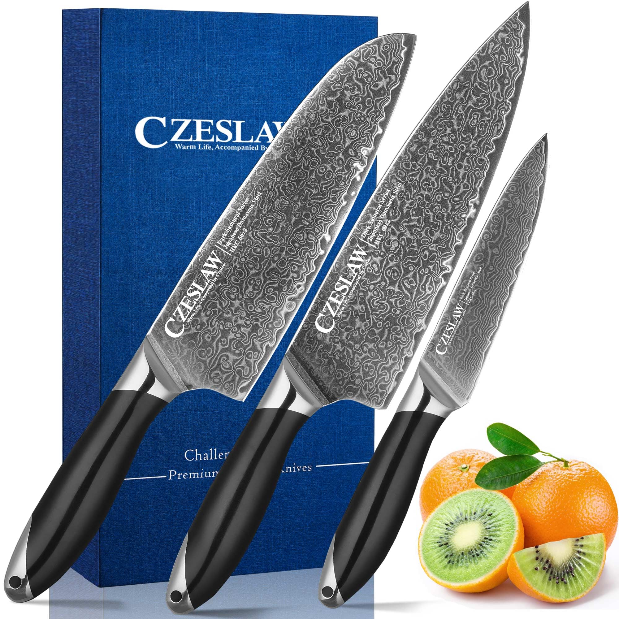 Czeslaw Japanese Damascus Kitchen Knife Set - 3 Piece Black
