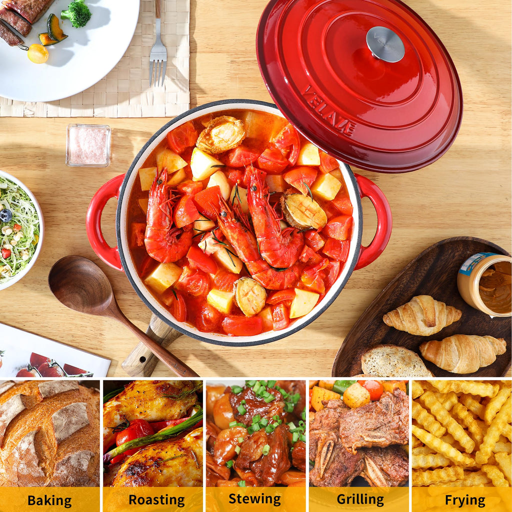 Velaze Enameled Cast Iron Dutch Oven – 7.5L Round Casserole Dish, Red