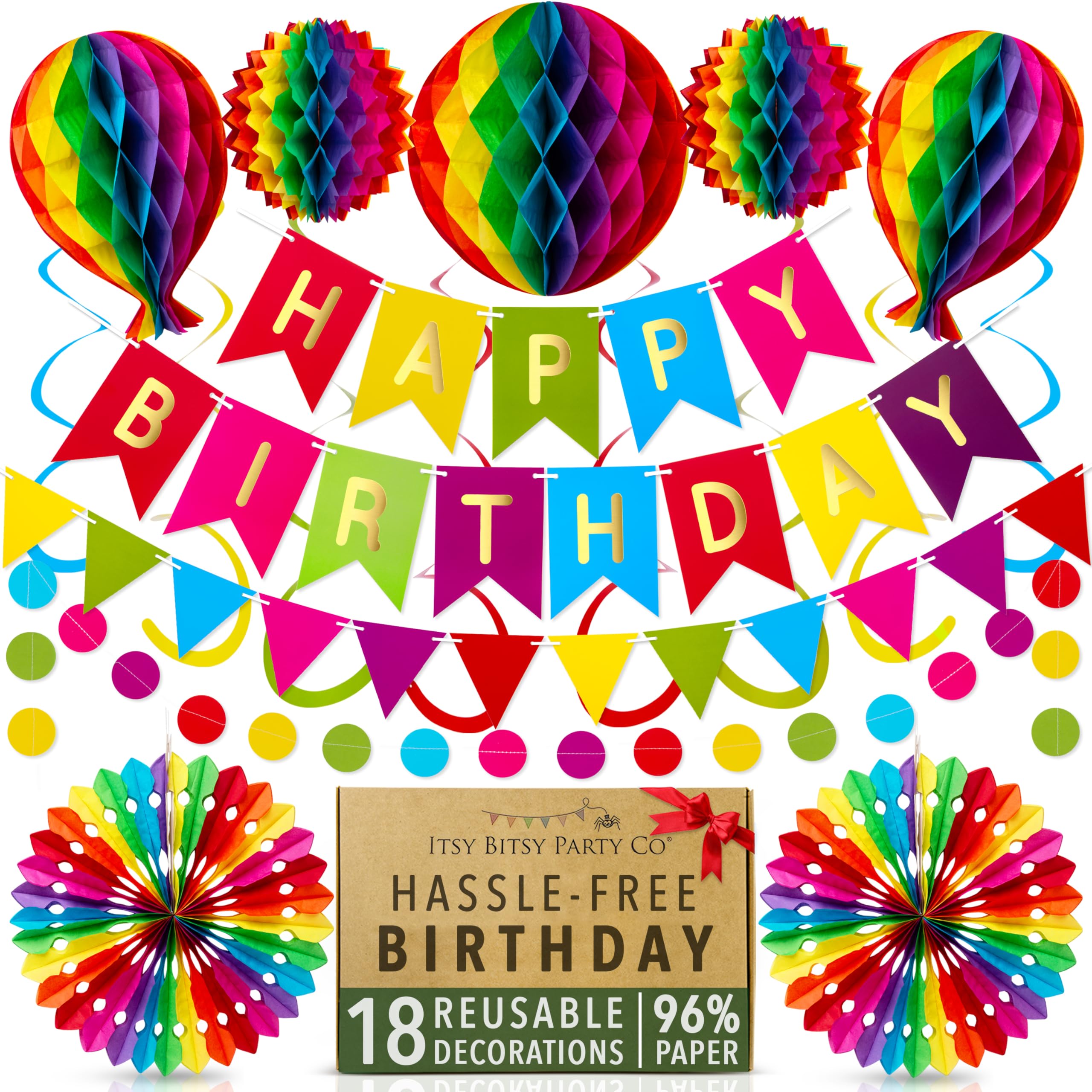 Reusable Rainbow Birthday Decoration Set – 18pc Paper Party Kit