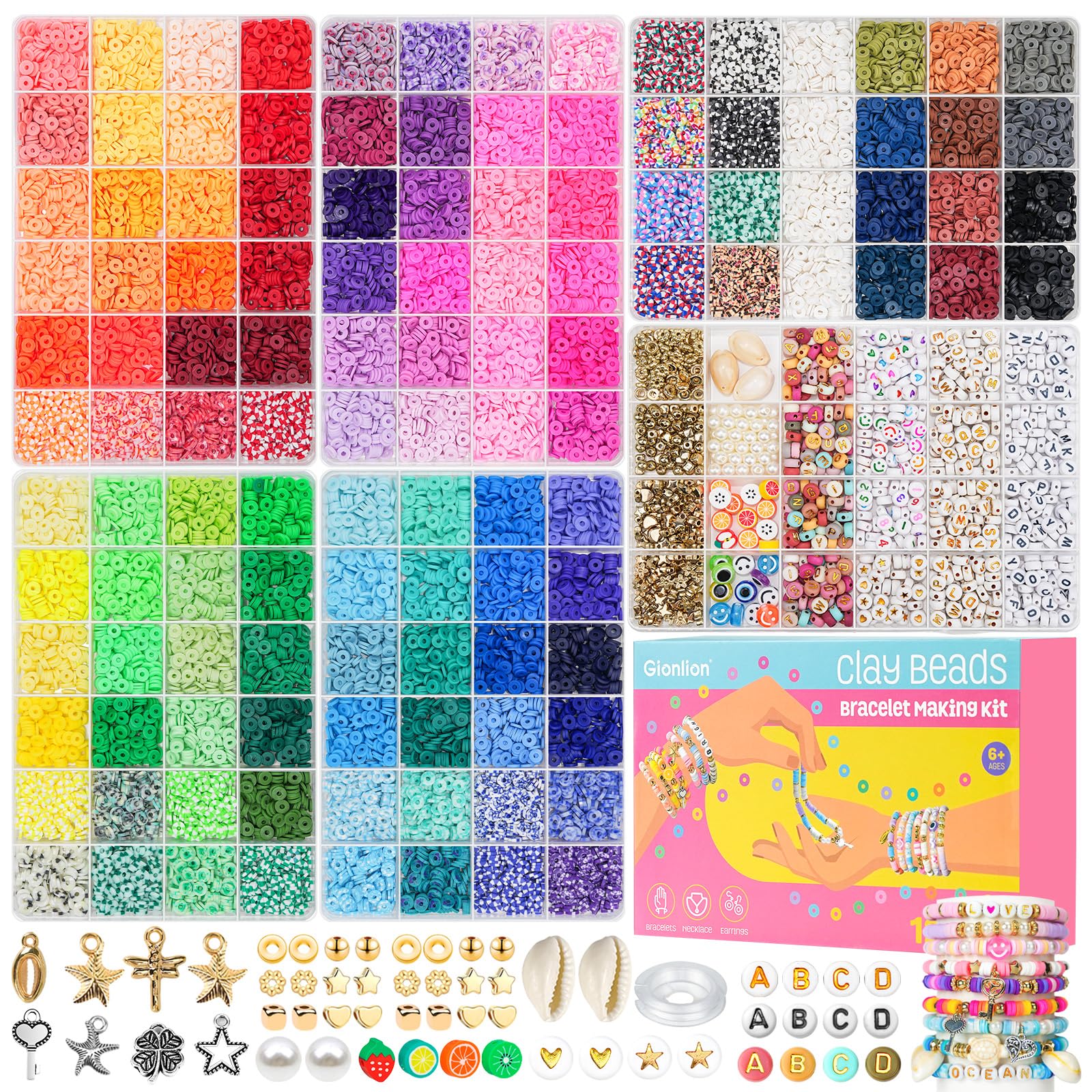 Gionlion Clay Beads Bracelet Making Kit | 120 Colors & 6 Storage Boxes