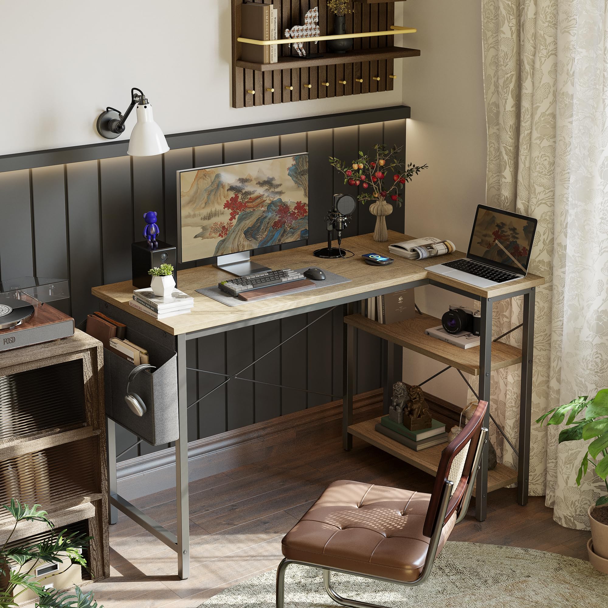 BEXEVUE L-Shaped Corner Desk | 100x70cm Gaming Table with Storage Shelves