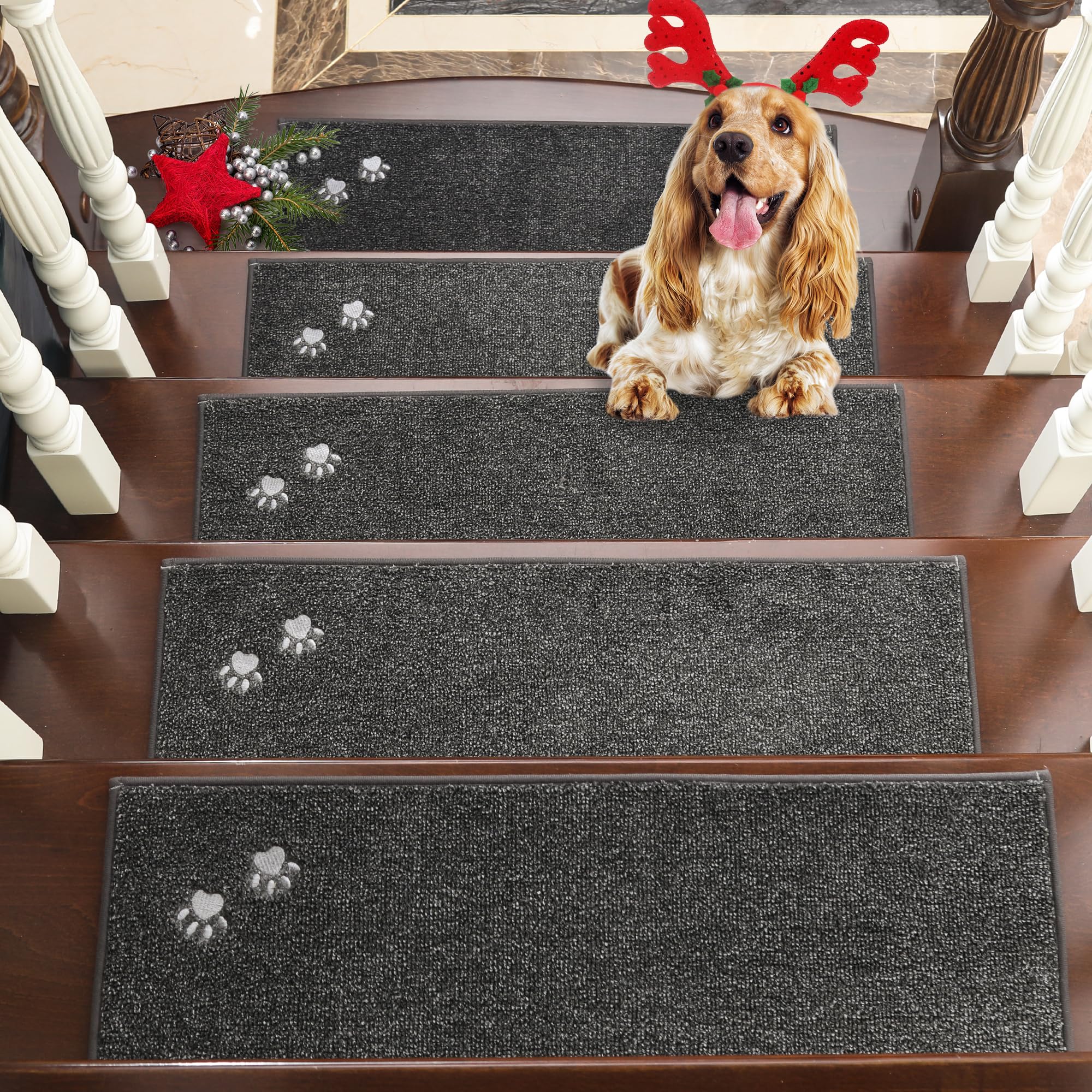 BEQHAUSE Non-Slip Carpet Stair Treads | 15-Pack Washable Runners, Dark Grey