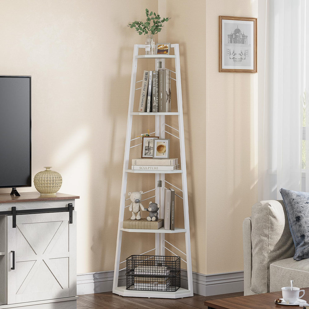 YITAHOME 5-Tier Corner Bookshelf – Industrial Wooden Ladder Shelf, White