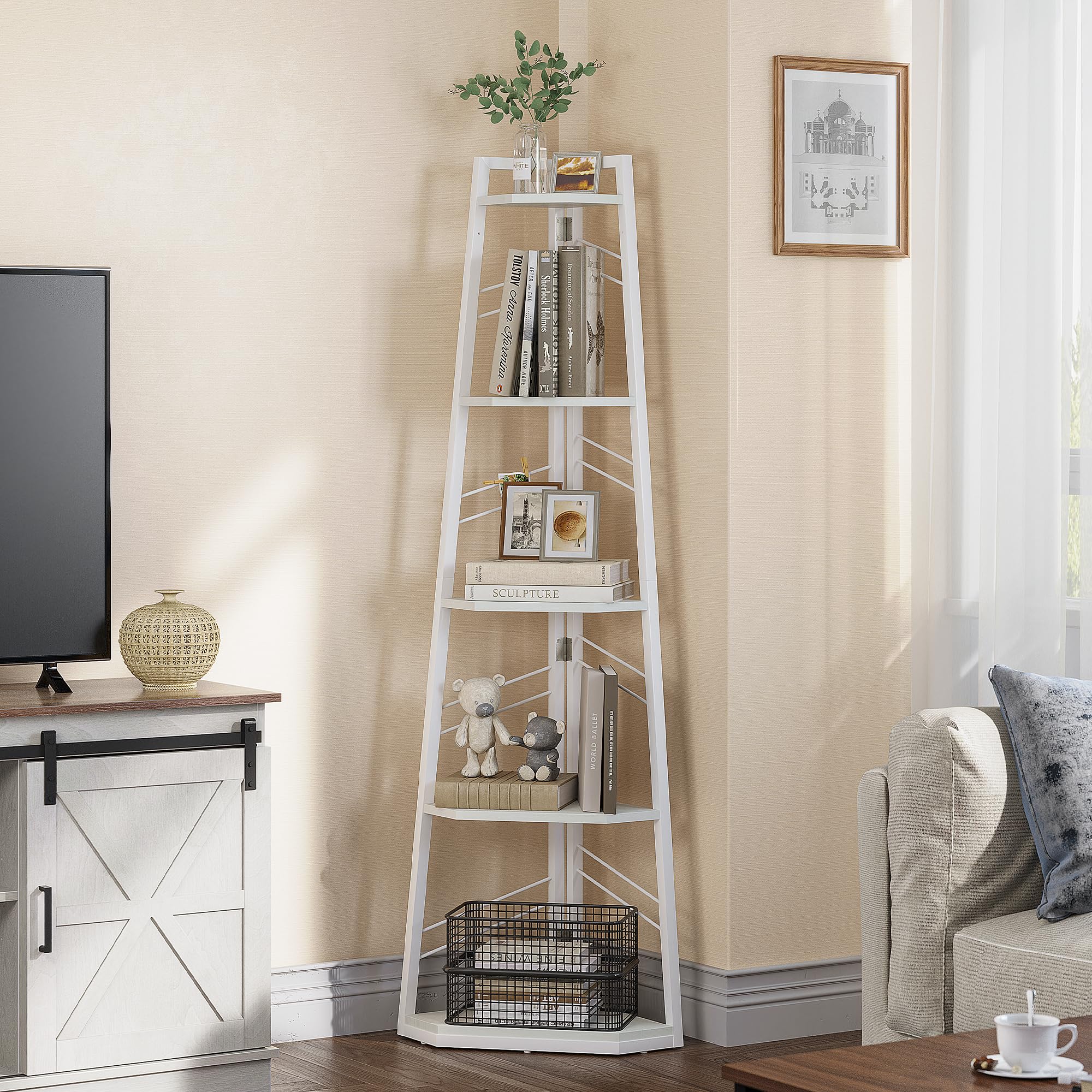 YITAHOME 5-Tier Corner Bookshelf – Industrial Wooden Ladder Shelf, White