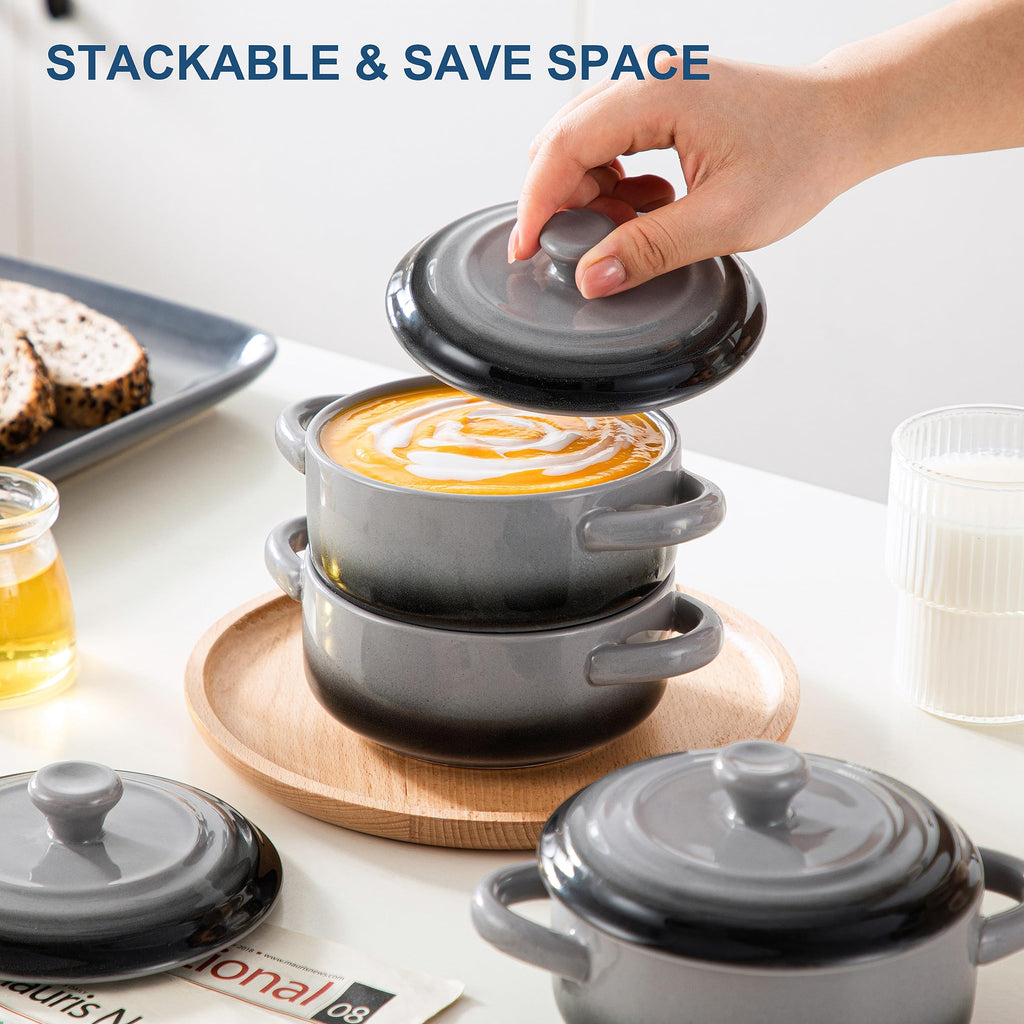 LOVECASA 12 oz Ceramic Mini Cocotte Set – 4 Pack French Onion Soup Bowls