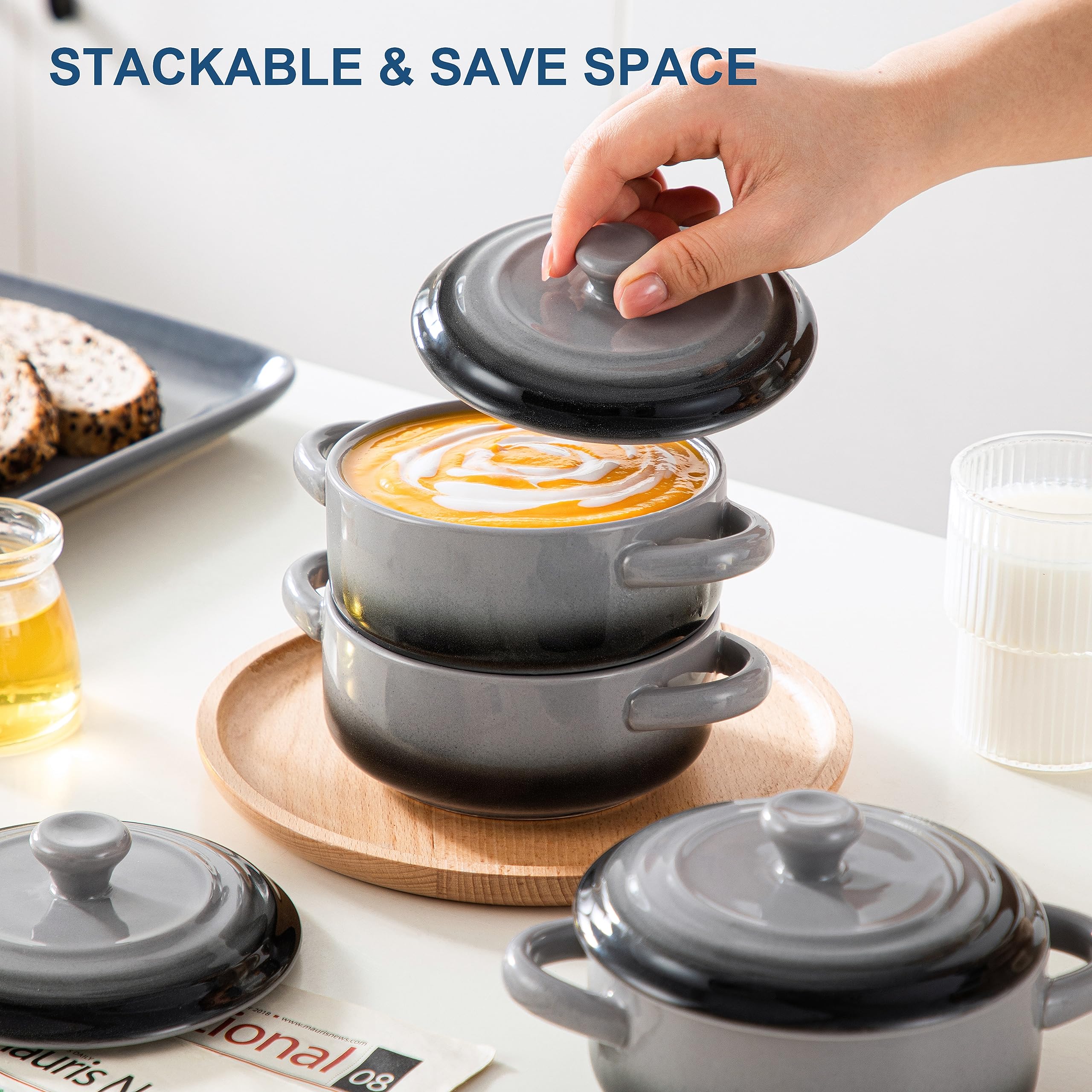 LOVECASA 12 oz Ceramic Mini Cocotte Set – 4 Pack French Onion Soup Bowls