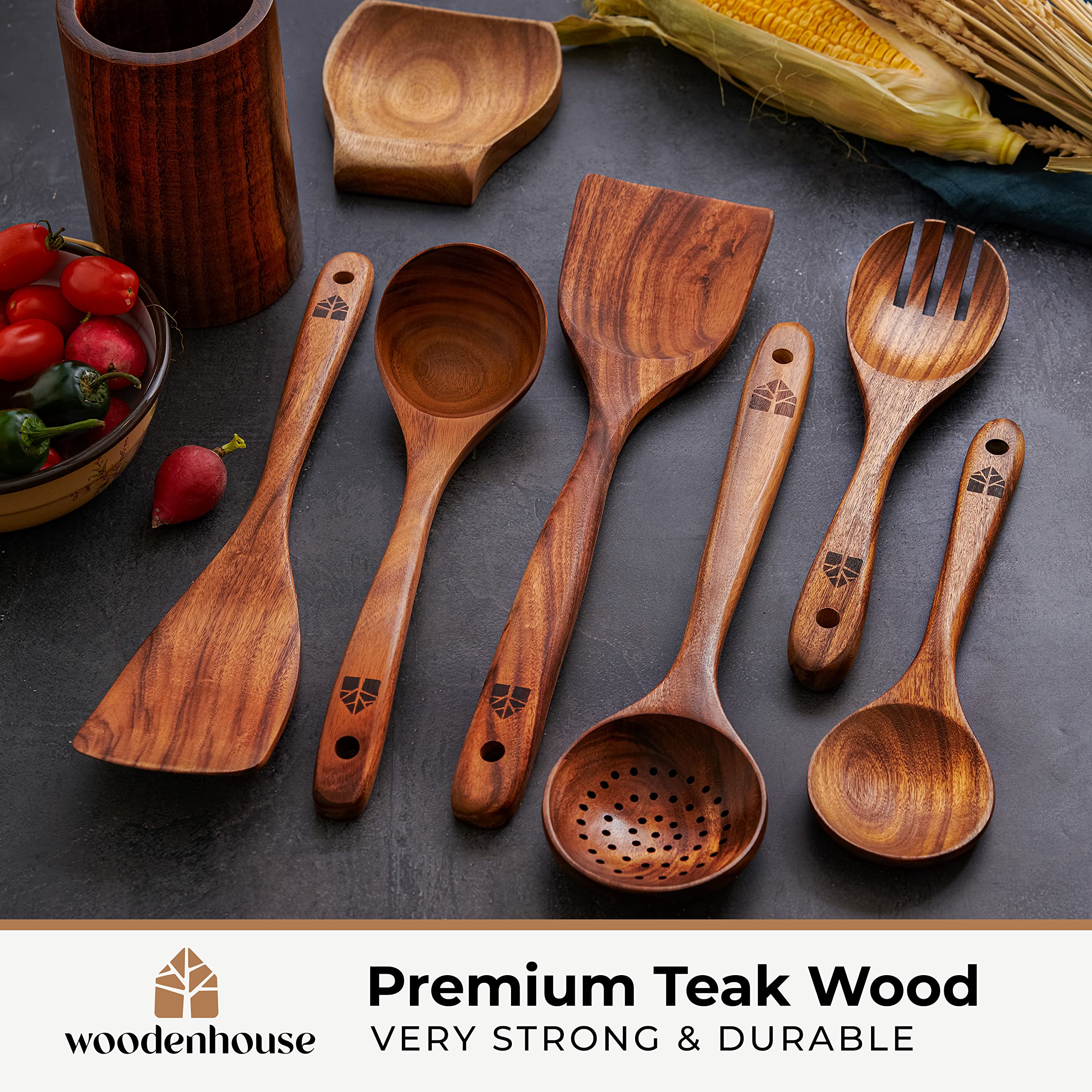 Woodenhouse Teak Wood Utensils Set - 12pc Cooking Spoons with Holder