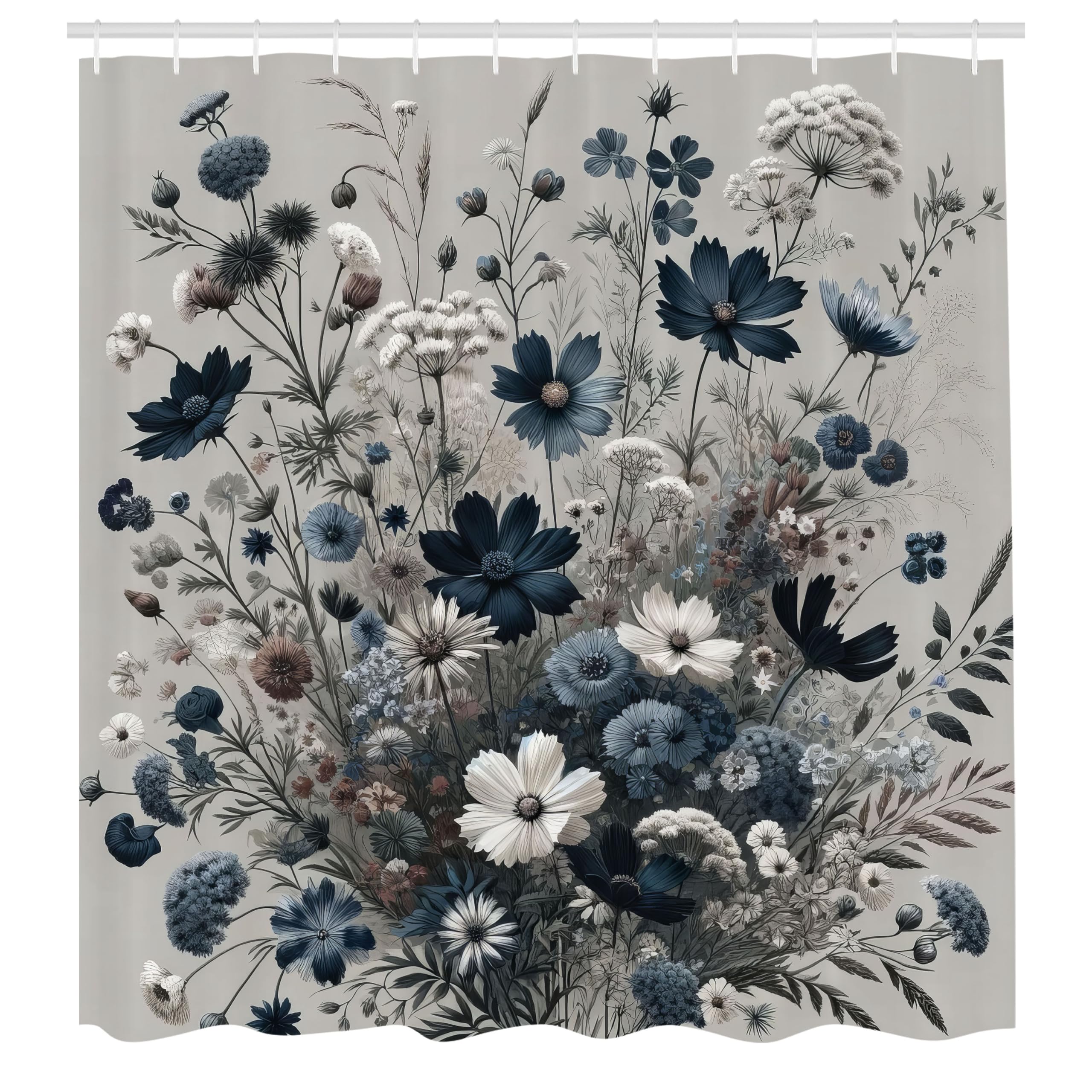 Abakuhaus Navy Blue Wildflowers Shower Curtain | Waterproof Fabric, 175x200cm