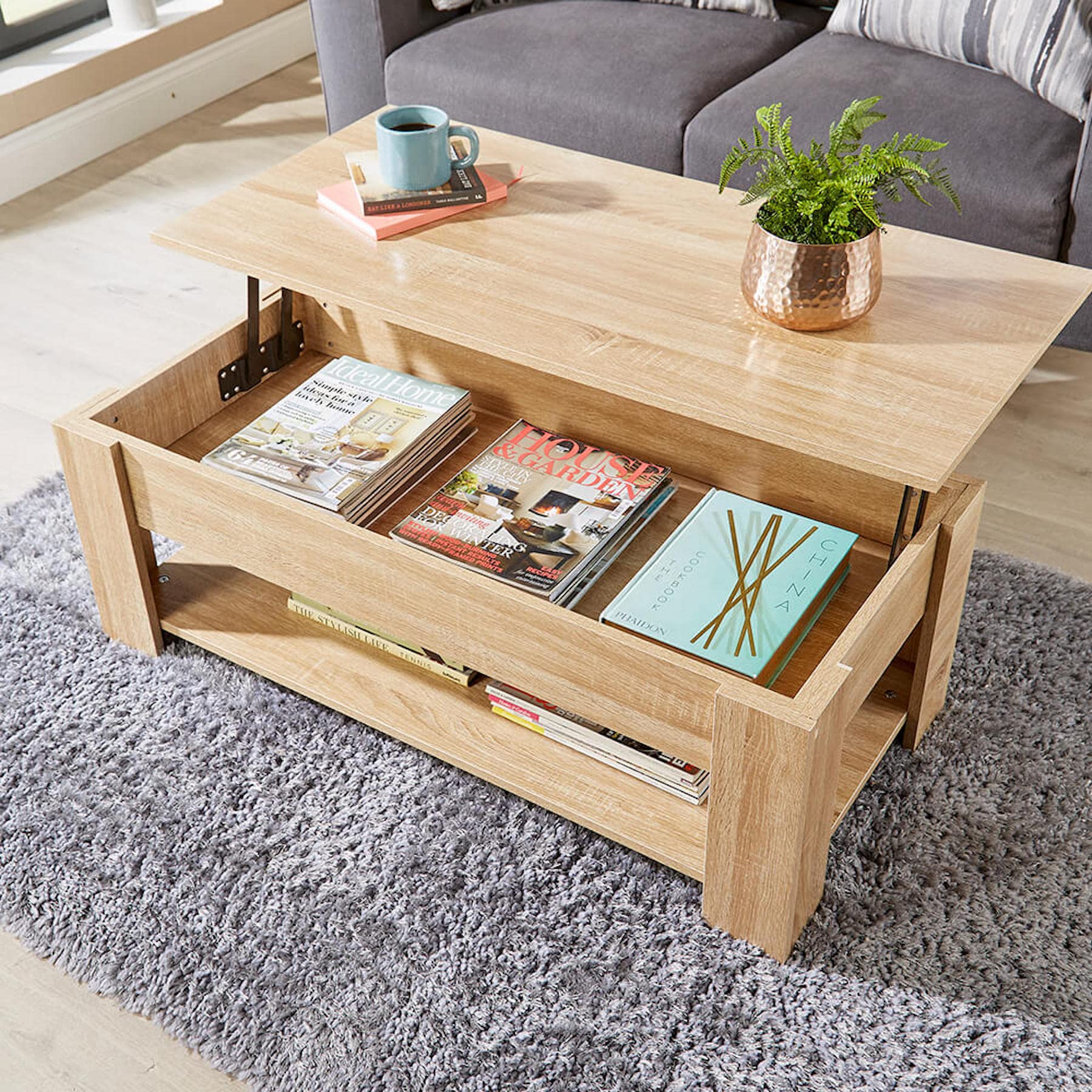 Home Source Lift Top Coffee Table with Storage & Shelf – Oak Effect