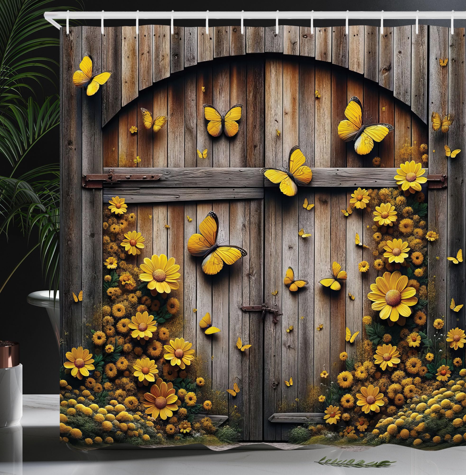ABAKUHAUS Rustic Fabric Shower Curtain – Yellow Farmhouse Decor, 175x200cm