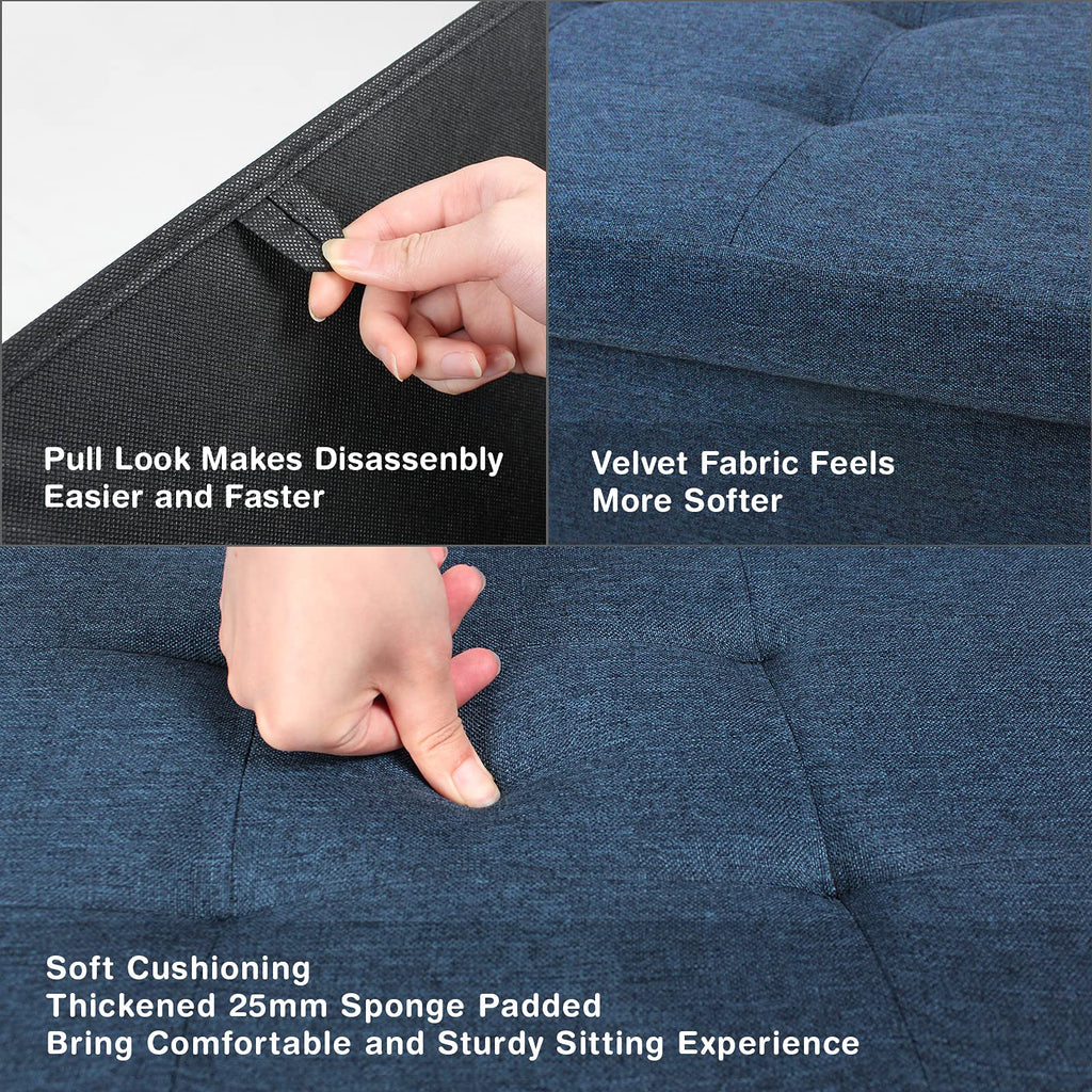 BRIAN & DANY Folding Storage Ottoman | Navy Blue Linen Footstool Bench