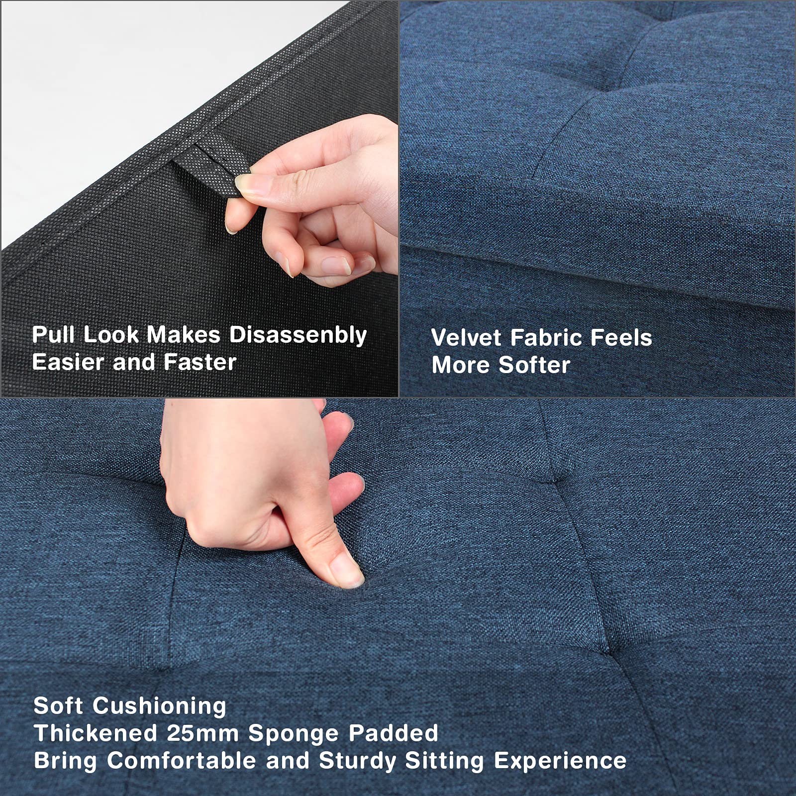 BRIAN & DANY Folding Storage Ottoman | Navy Blue Linen Footstool Bench