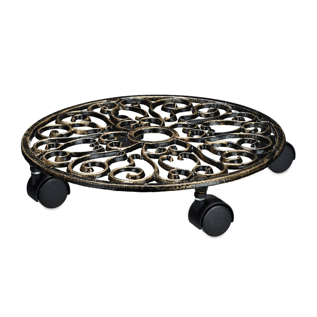 Relaxdays Cast Iron Plant Caddy | Round 33.5cm Metal Pot Trolley - Bronze