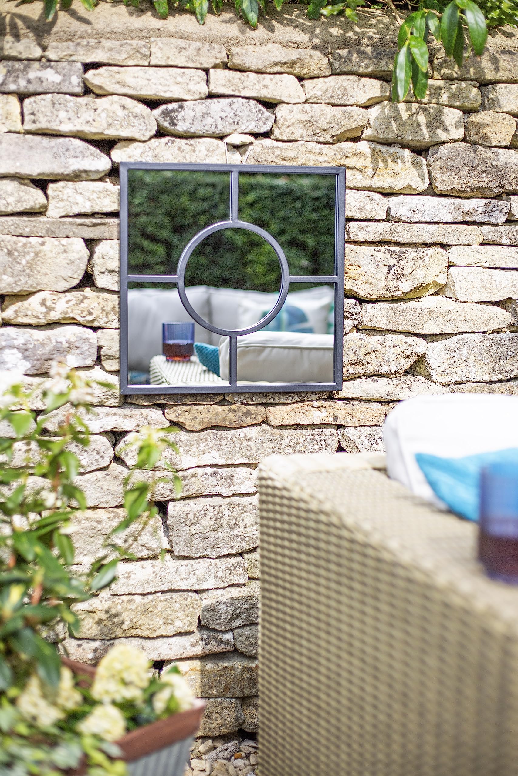 La Hacienda Black Square Garden Mirror – Durable Steel Outdoor Wall Decor
