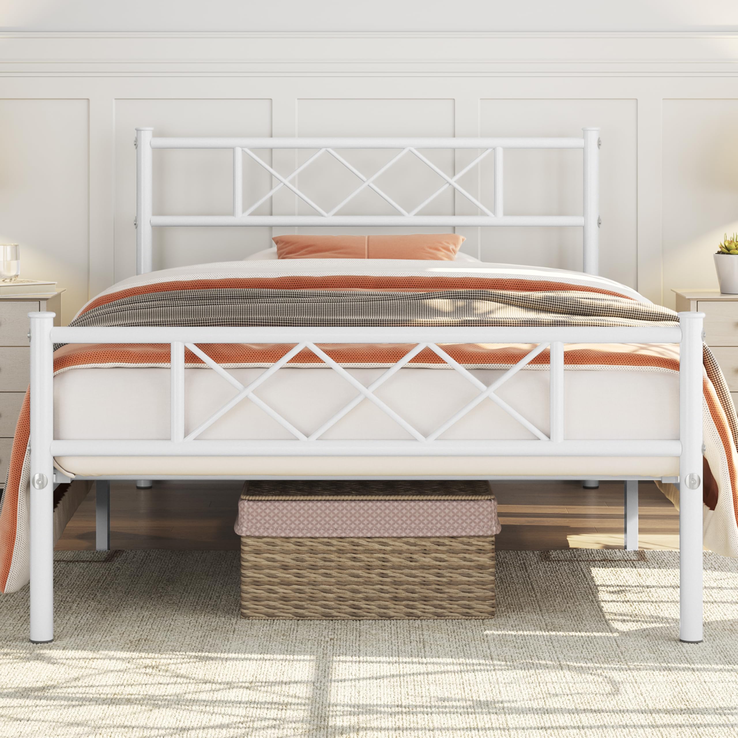 Yaheetech 3ft Single Metal Bed Frame with Cross-Design Headboard, White