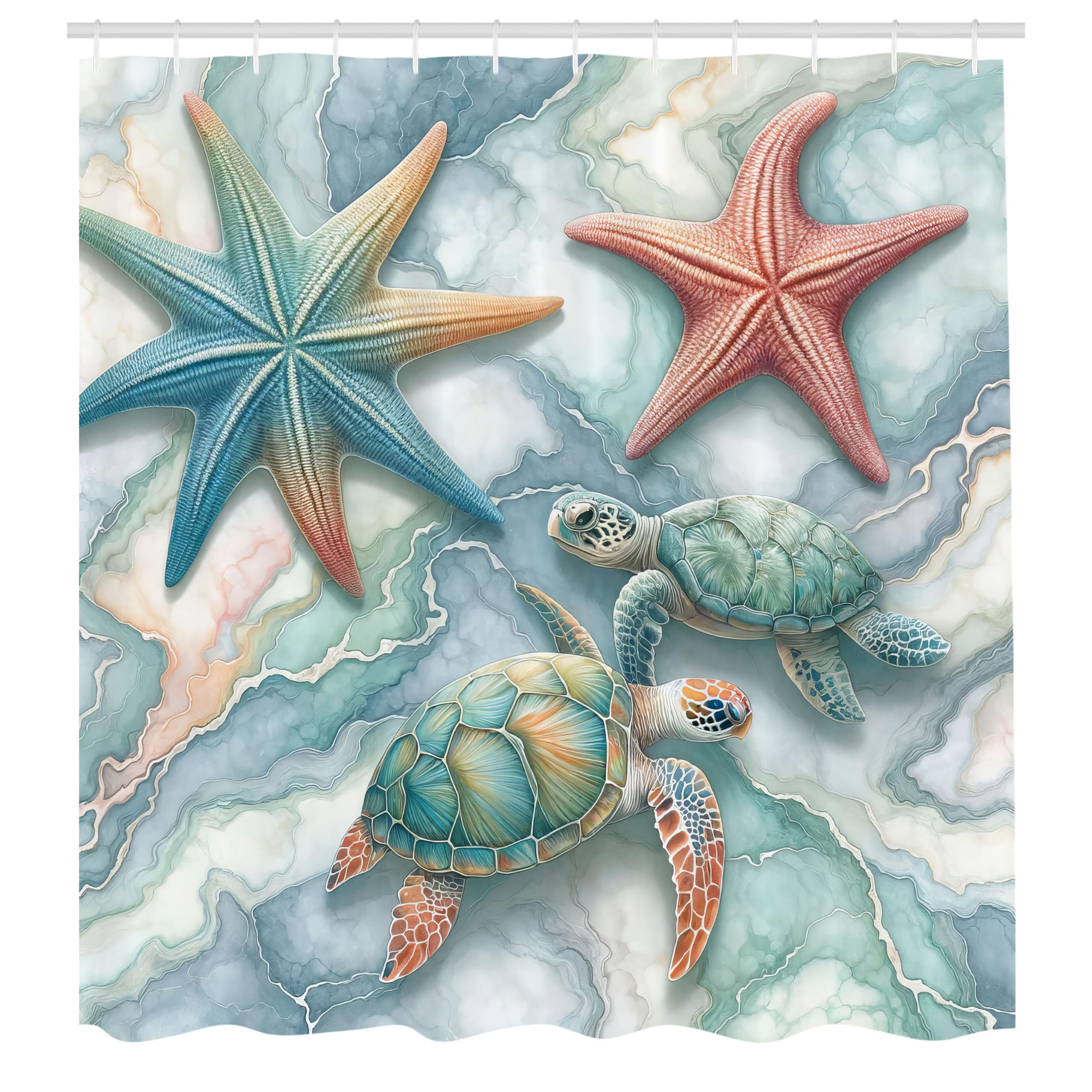Abakuhaus Coastal Shower Curtain | Starfish & Sea Turtles | 175 x 200 cm