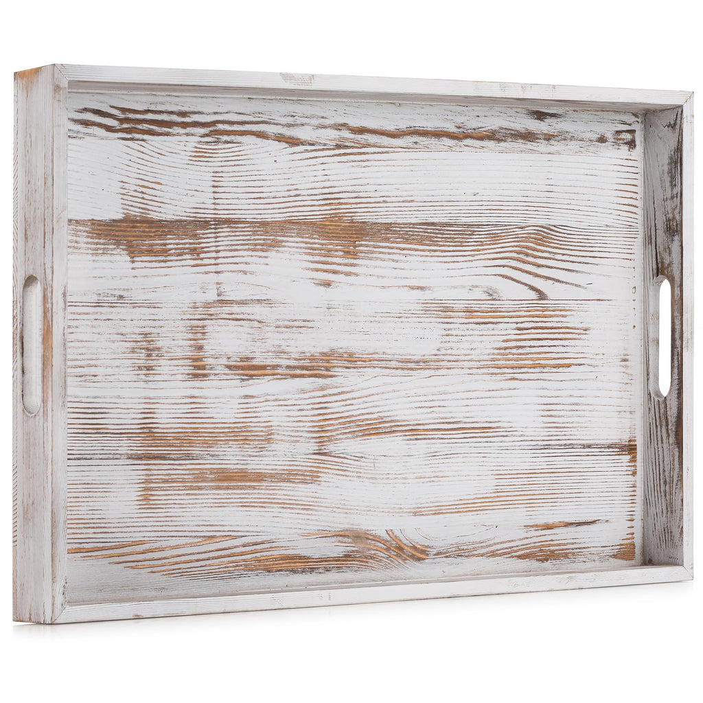 Hanobe Extra Large Wood Ottoman Tray | Rustic White Serving Tray with Handles