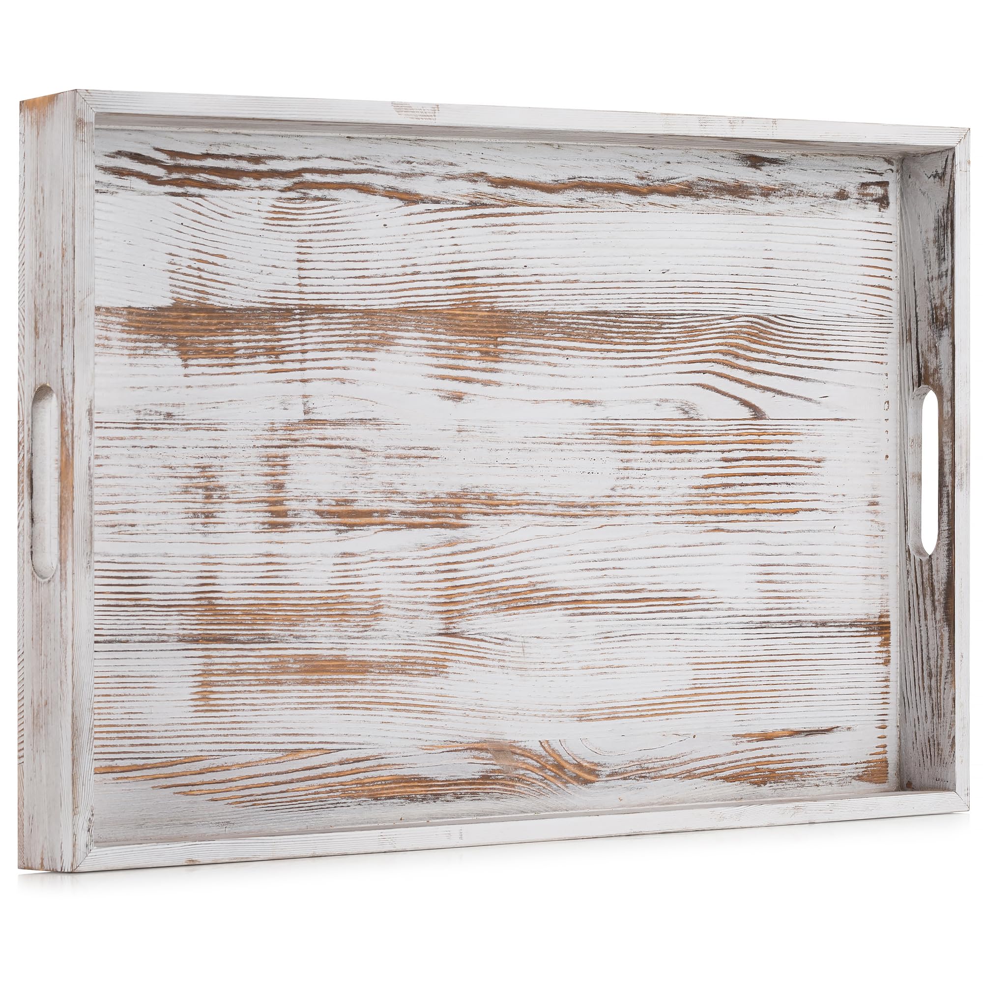 Hanobe Extra Large Wood Ottoman Tray | Rustic White Serving Tray with Handles