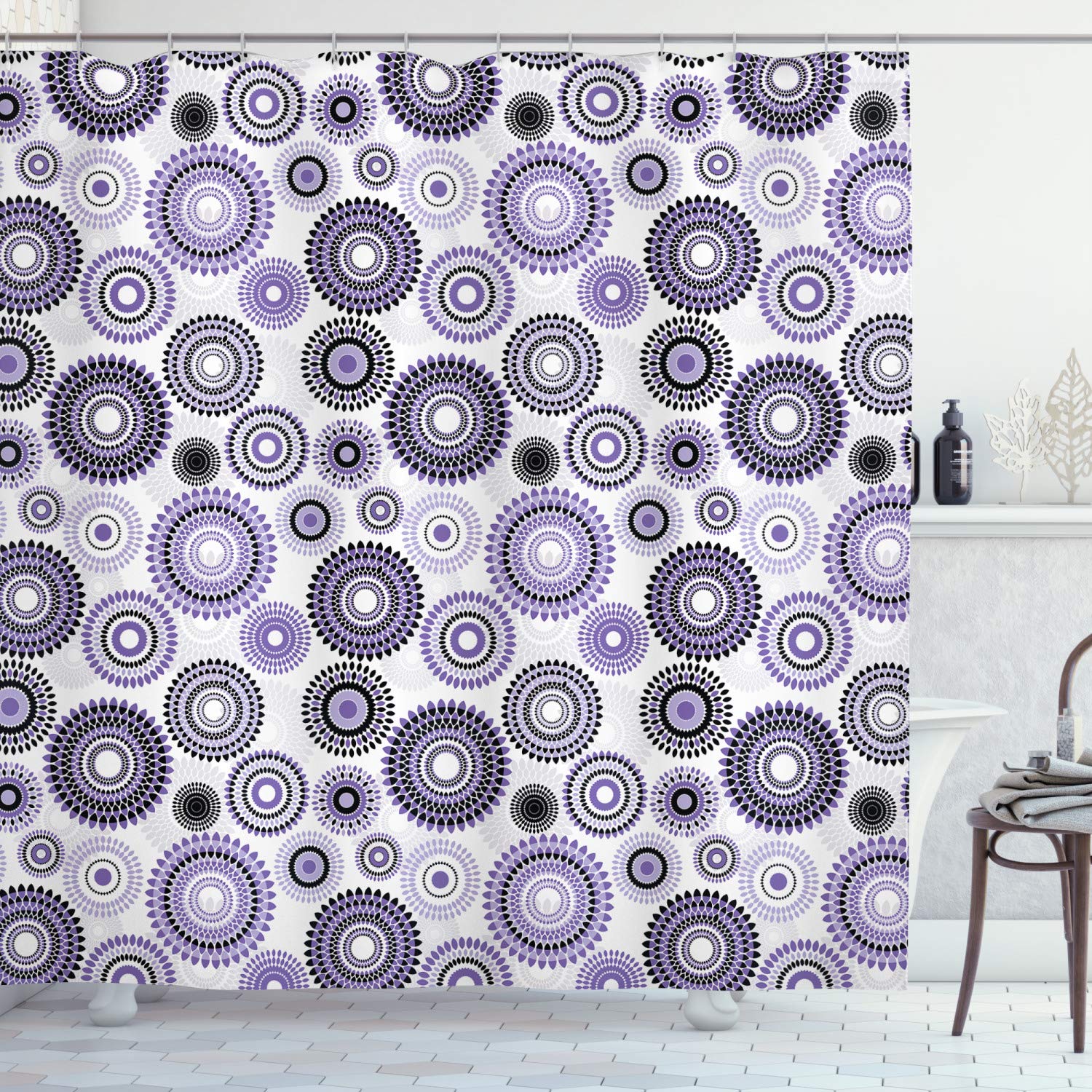 ABAKUHAUS Mandala Fabric Shower Curtain - Purple & Black Waterproof Decor