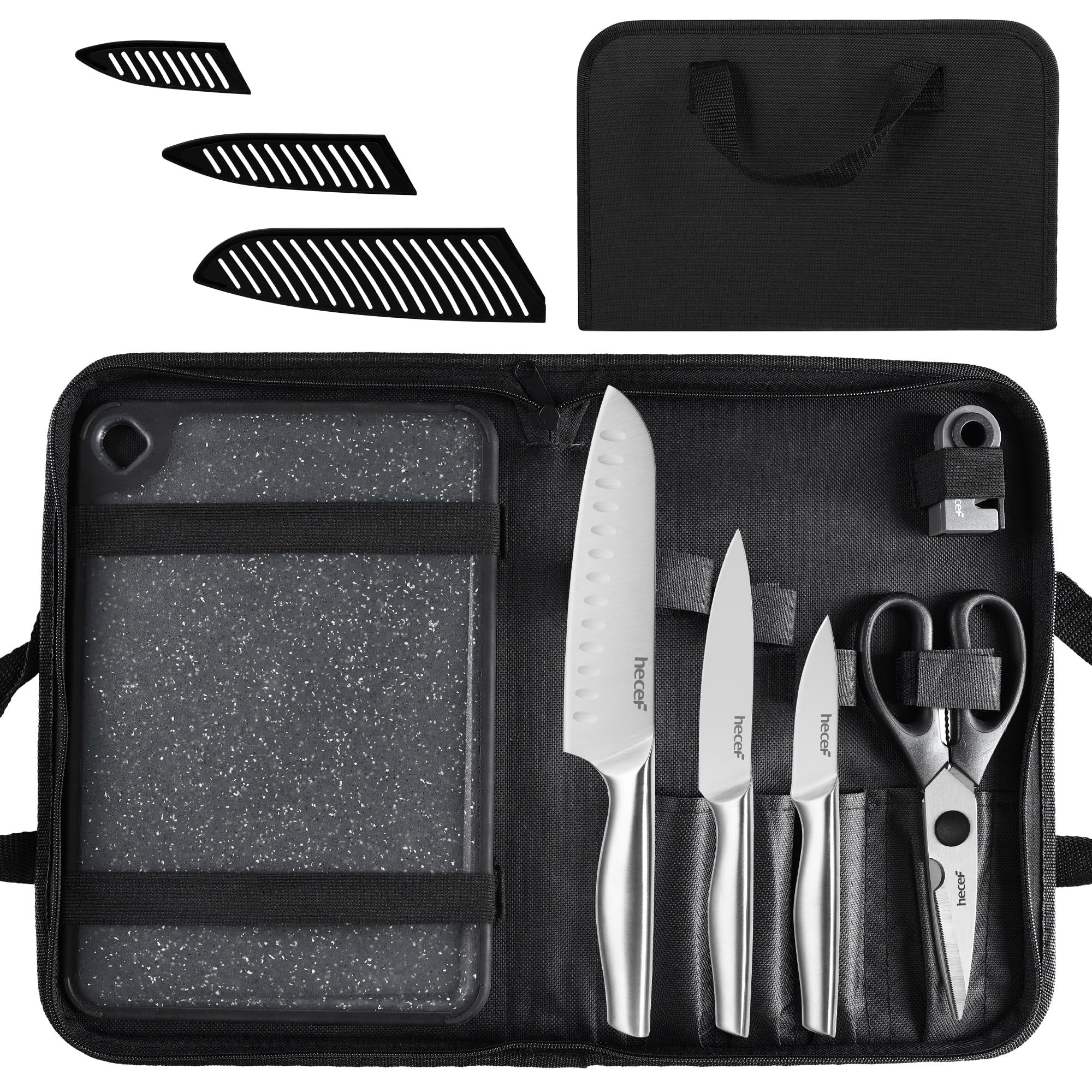 hecef 10-in-1 Stainless Steel Knife Set with Bag and Cutting Board