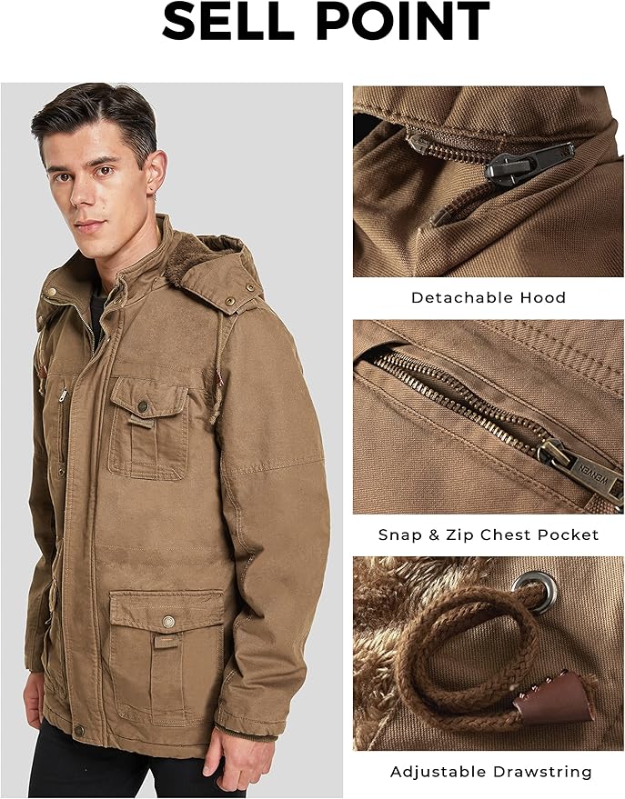 WenVen Men's Winter Parka – Thick Fleece Lined Hooded Cotton Jacket