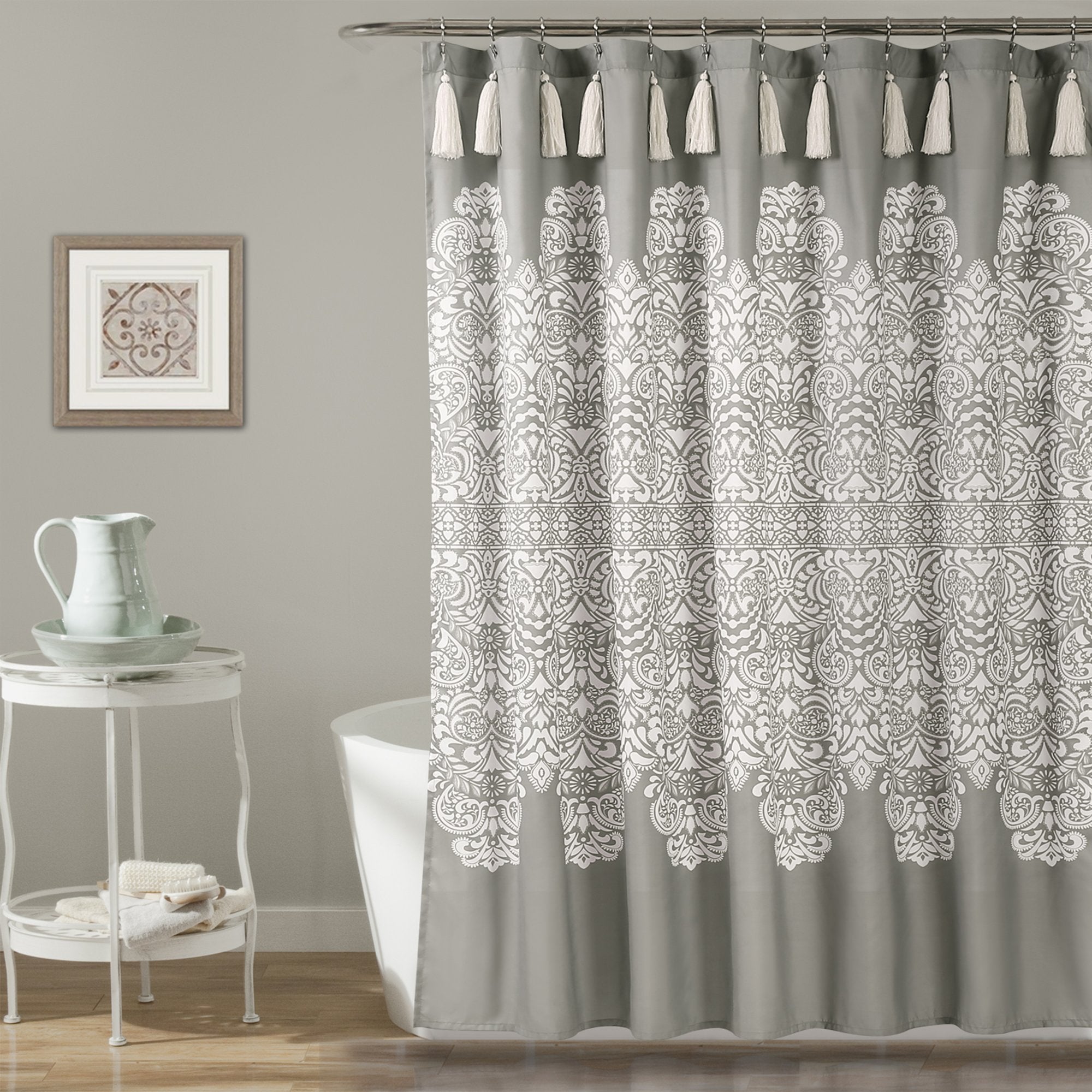Lush Decor Boho Medallion Shower Curtain – Gray Fabric Damask with Tassels