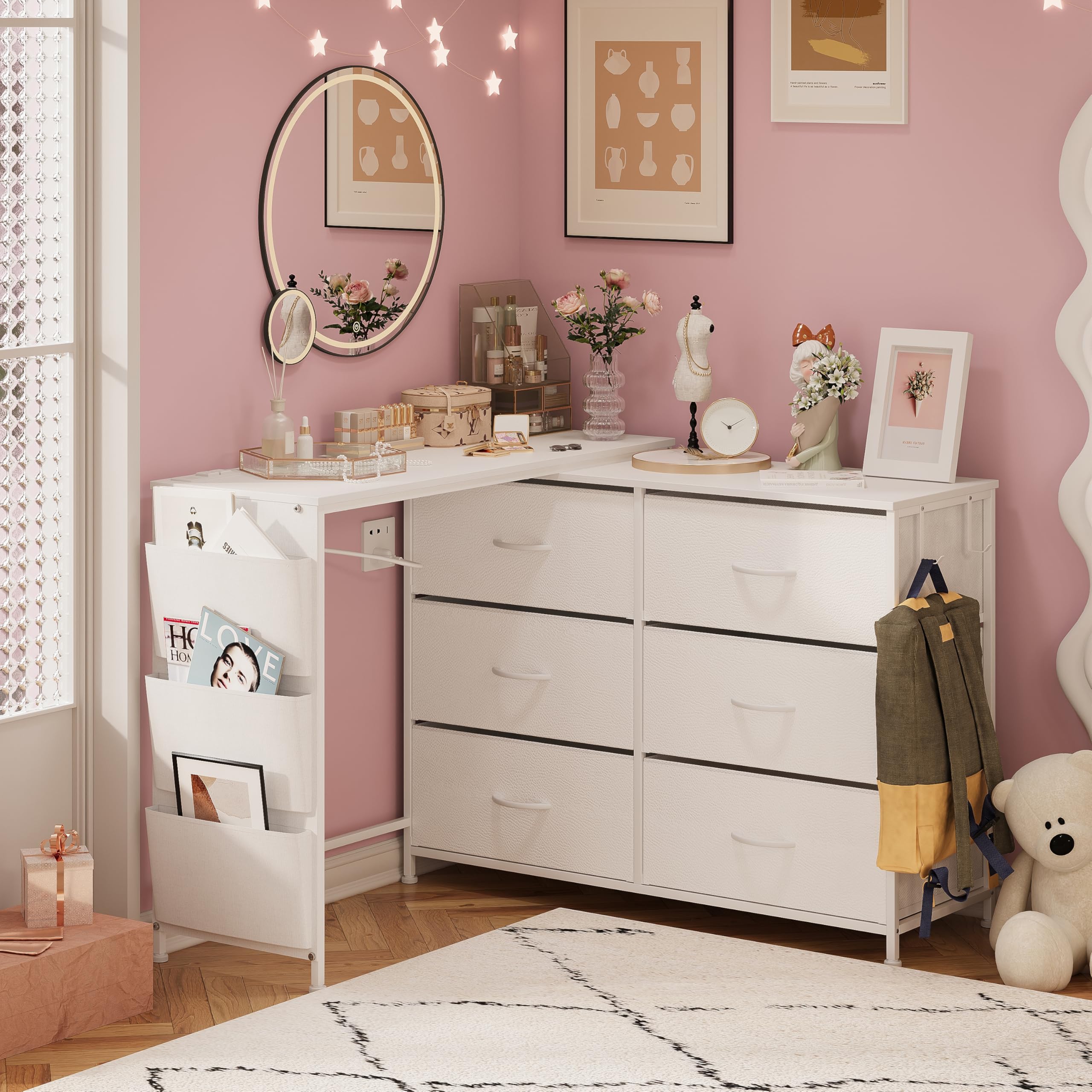 Welfuturer L-Shaped Corner Vanity Desk with 6 Drawers & Power Ports