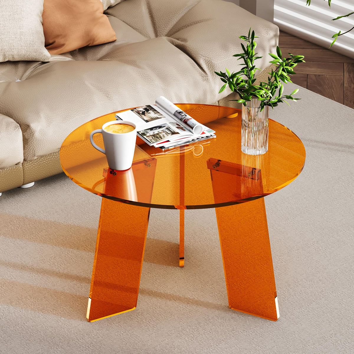Dewrhiixe Acrylic Round Coffee Table, Clear Circle Modern Lucite Side Table for Living Room, Bedroom, Office Orange, 60×60×40 cm - image 1