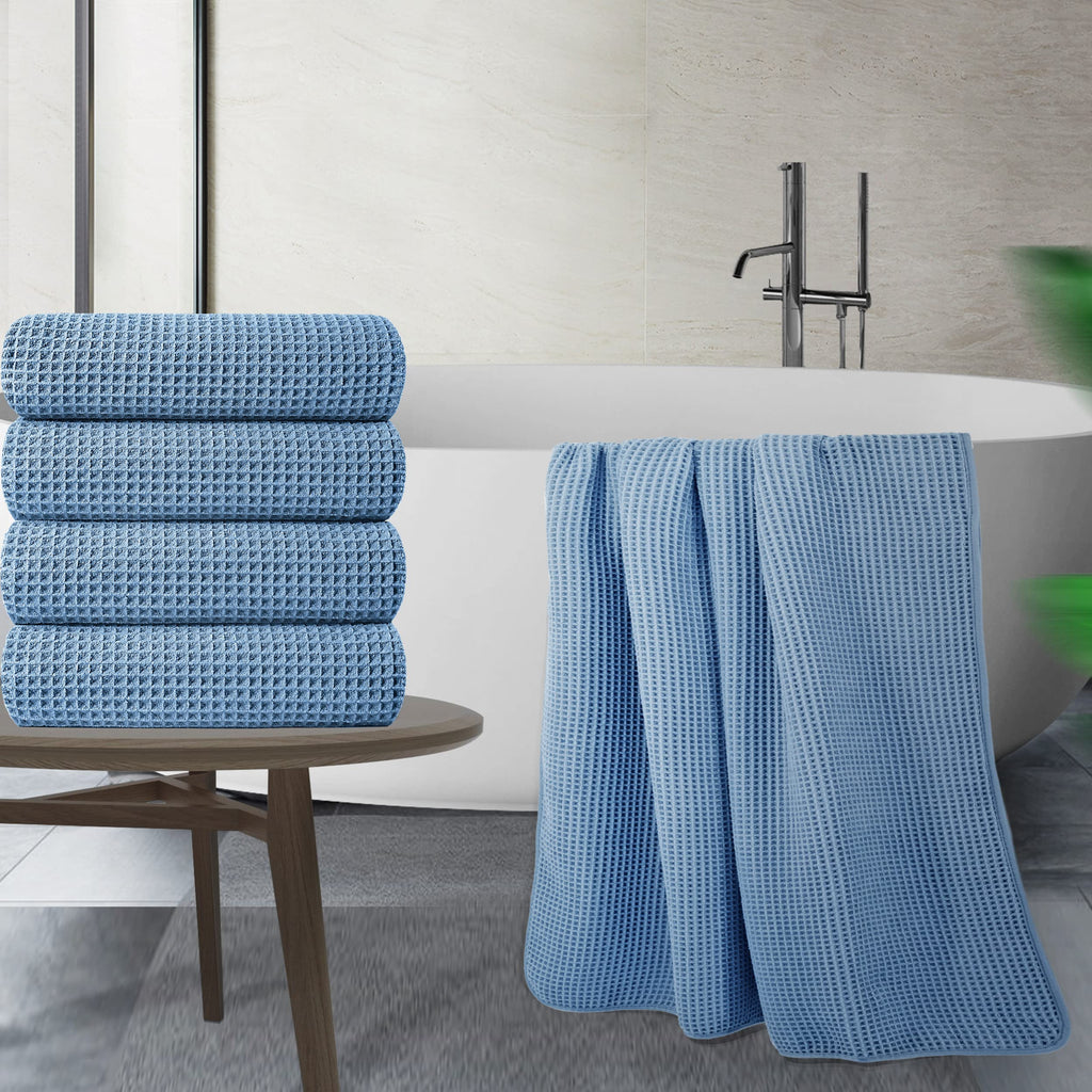 Polyte Microfibre Bath Towels – Quick Dry Waffle Weave, 4 Pack, Blue
