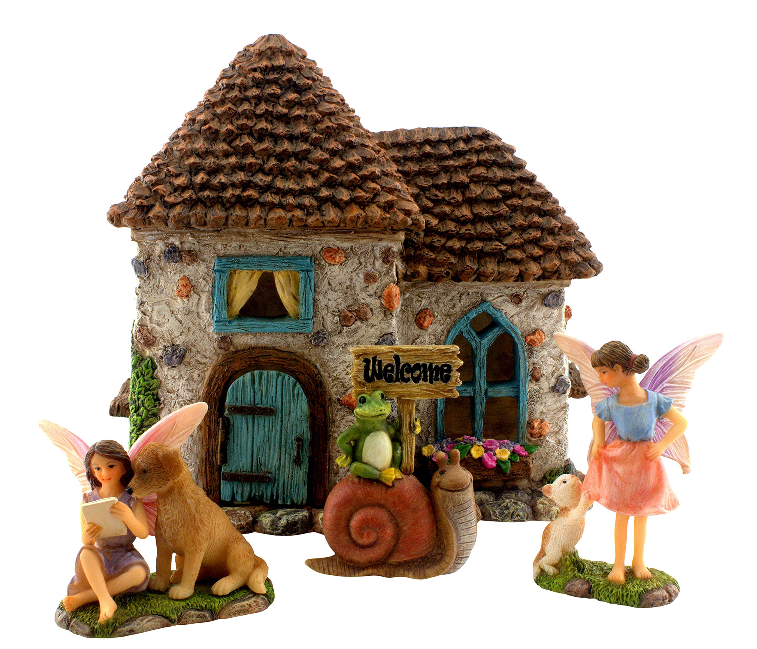 PRETMANNS Fairy Garden House Kit - 4pc Miniature Figurines & Accessories